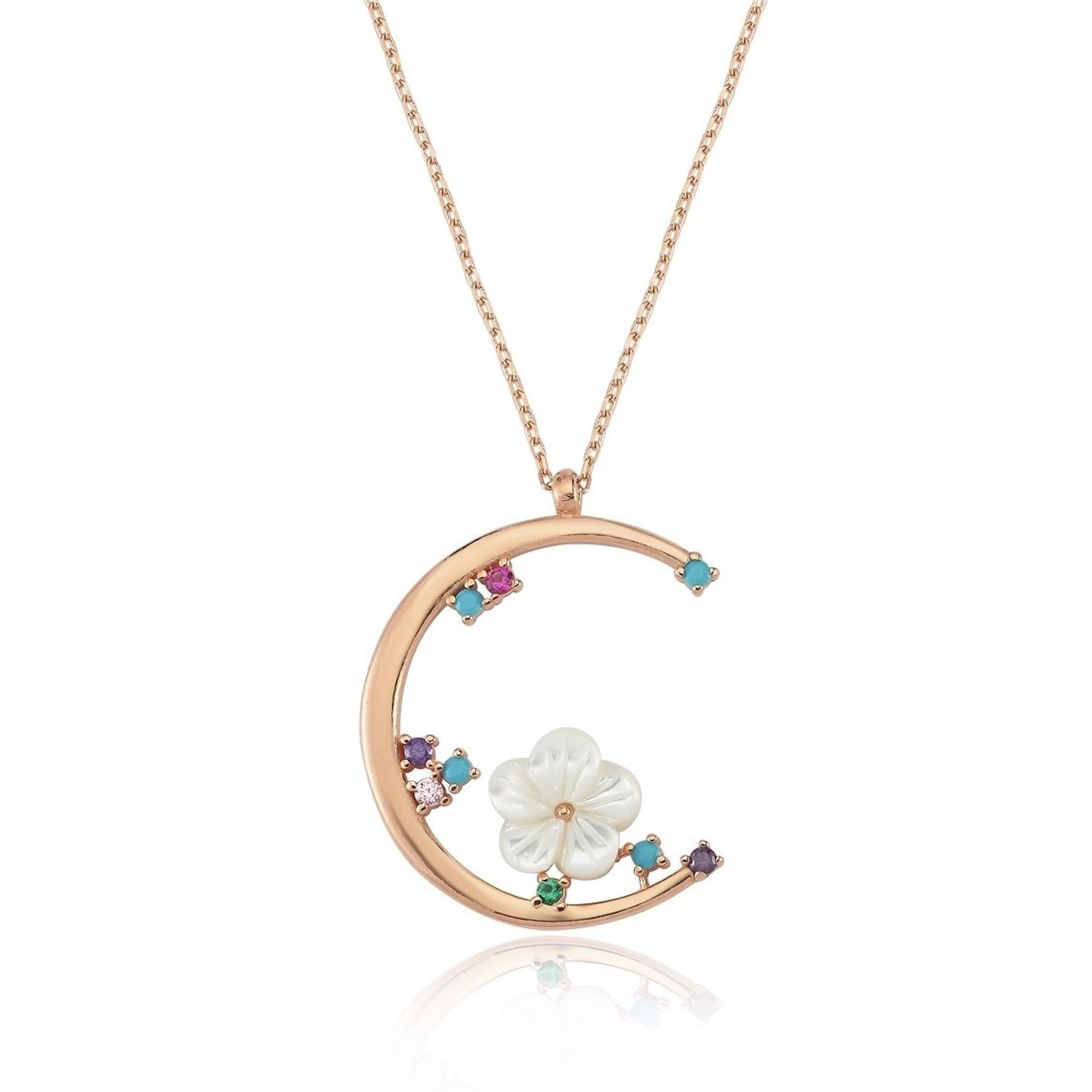Collar de luna creciente en oro rosa con piedras de colores y flor de nácar – alegre, soñado y elegante.