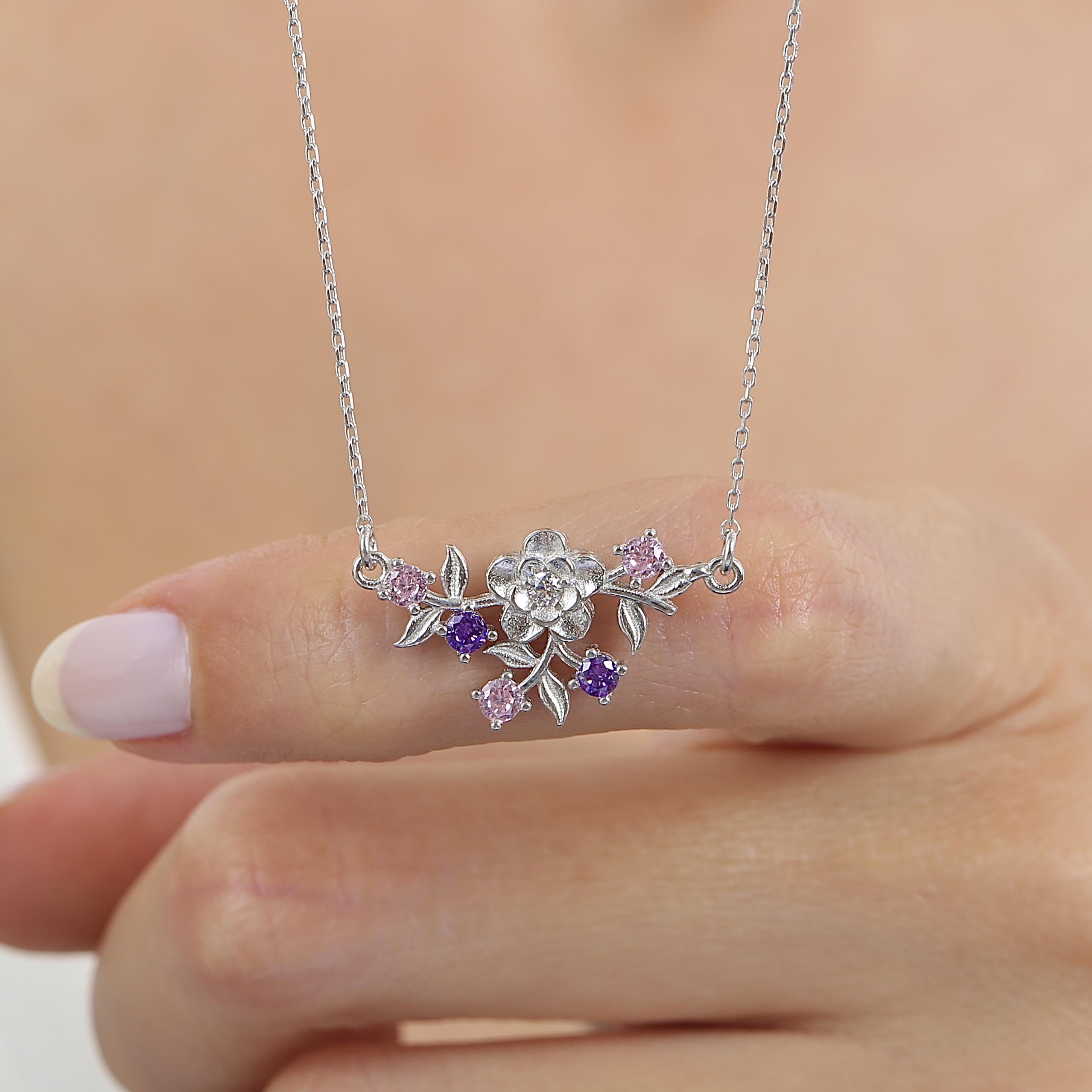 Colorful Stone Sparkling Flower Silver Necklace
