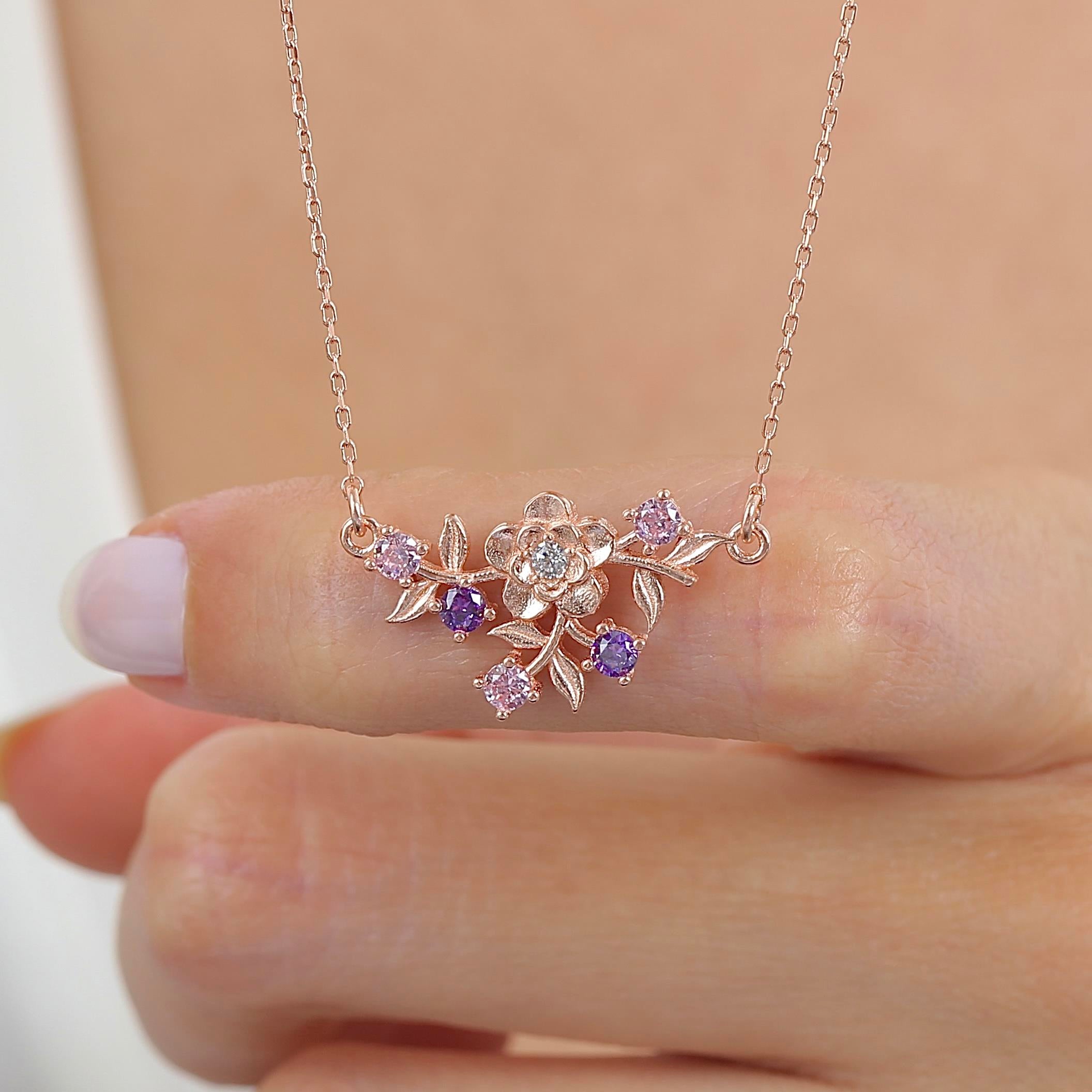 Colorful Stone Sparkling Rose Flower Silver Necklace