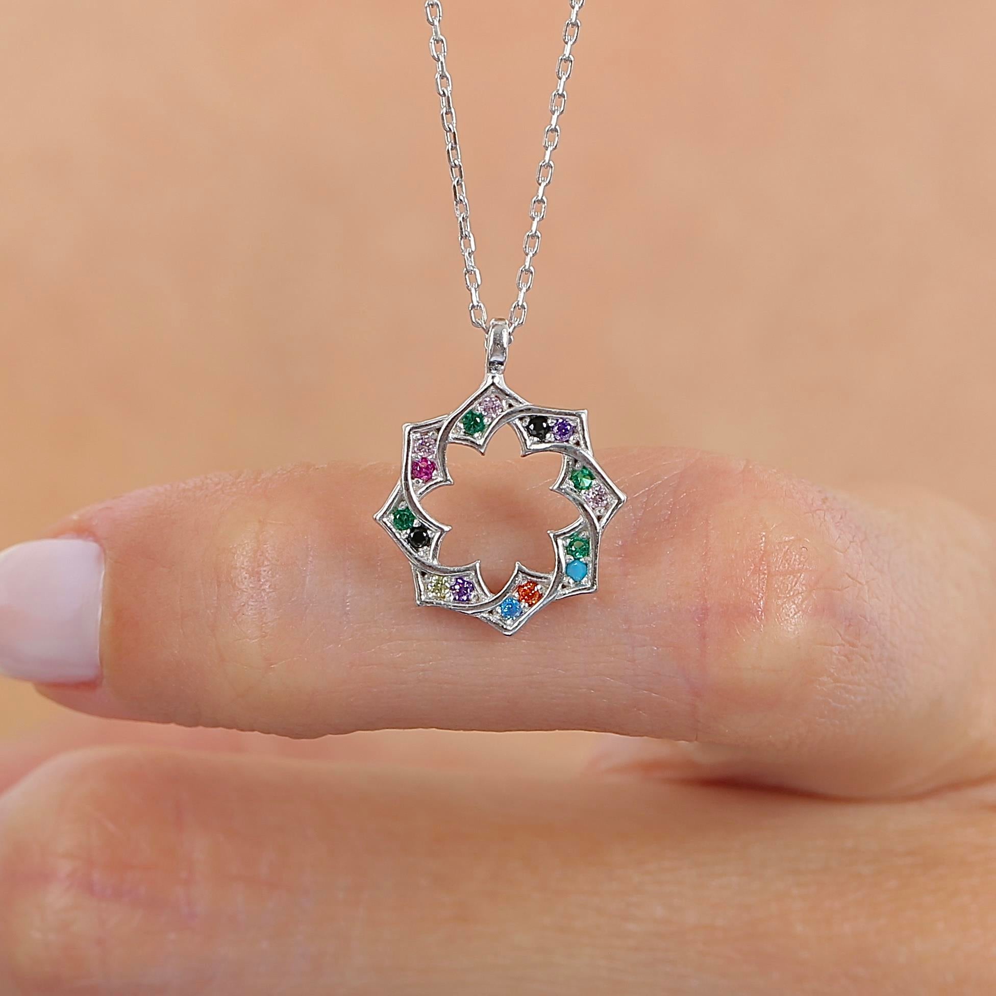 Mixed Stone Sparkling Geometric Silver Necklace