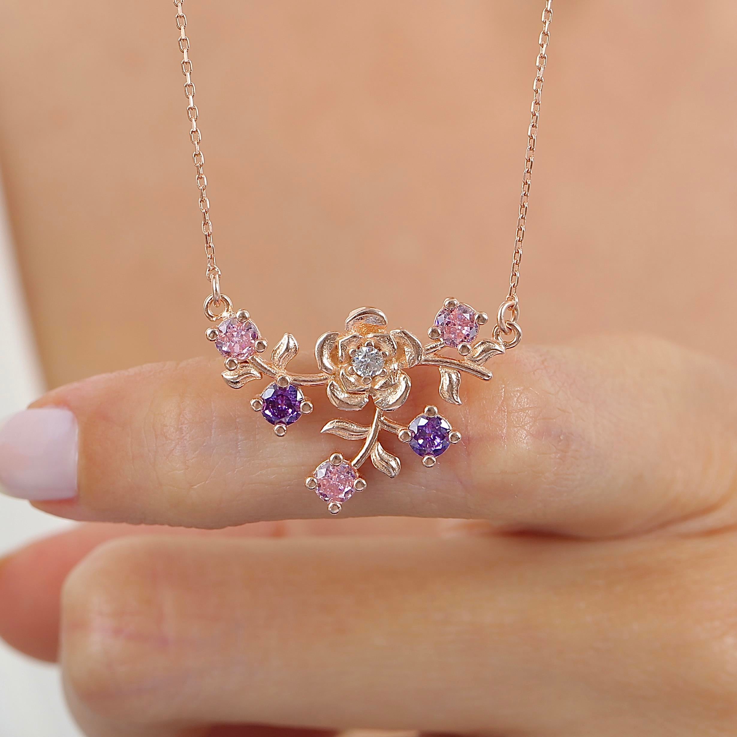 Colorful Stone Sparkle Echo Rose Flower Silver Necklace