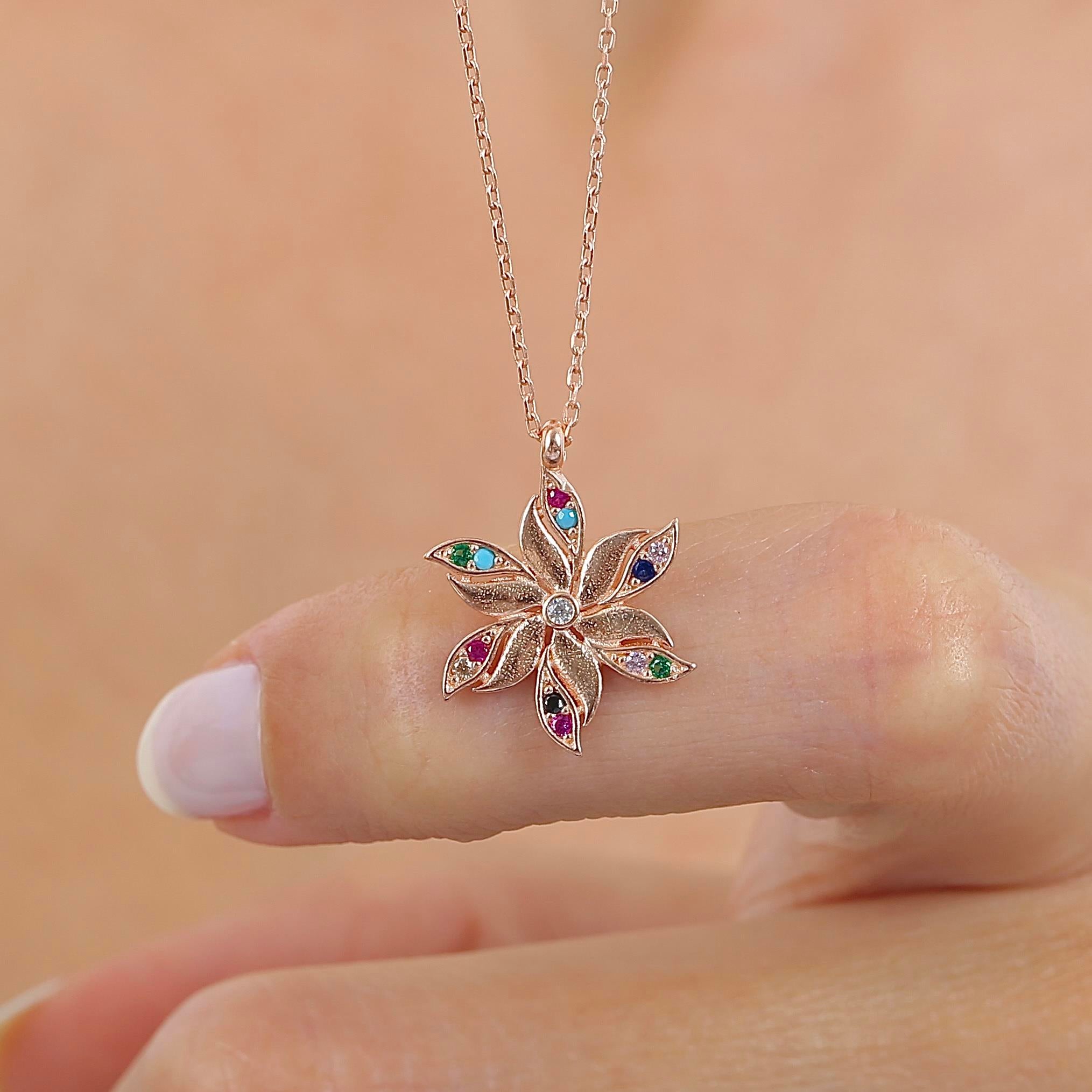 Mixed Stone Lily Flower Rose Gold Necklace