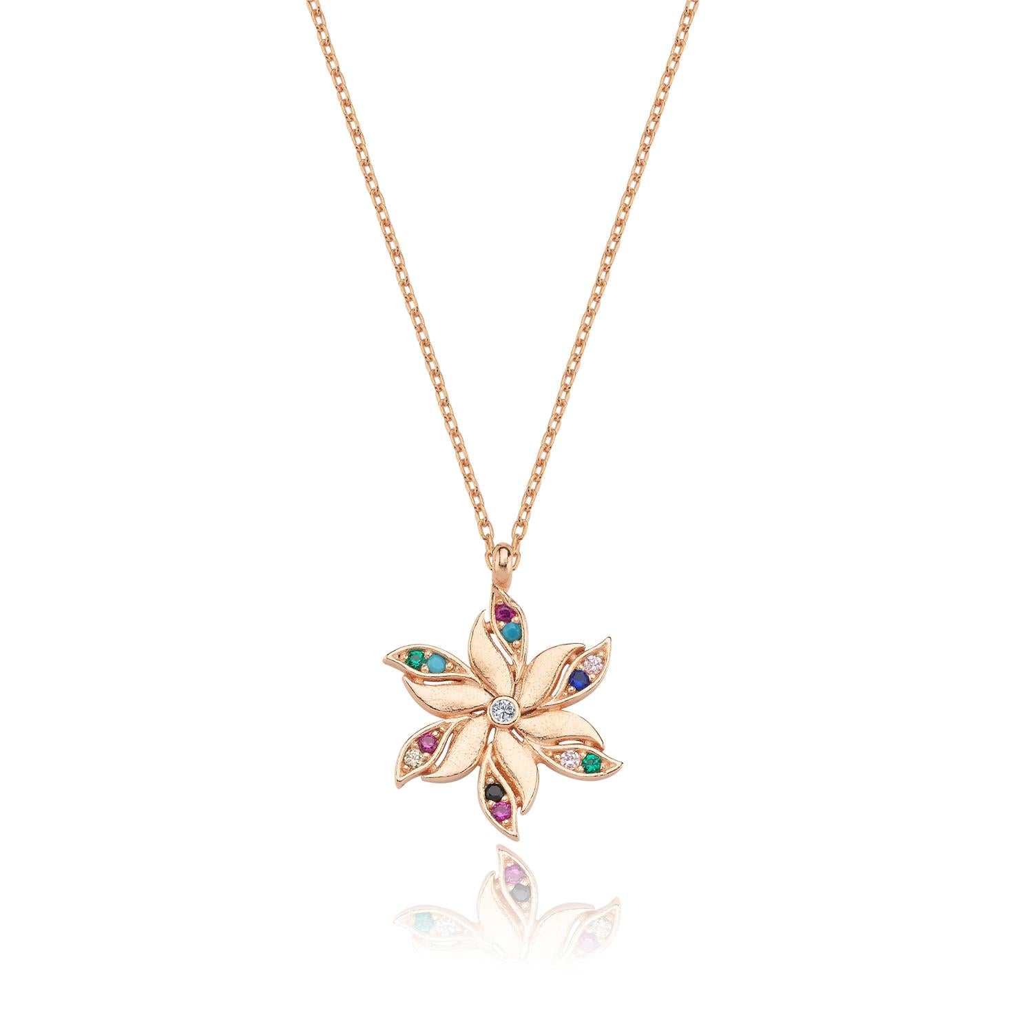 Mixed Stone Lily Flower Rose Gold Necklace