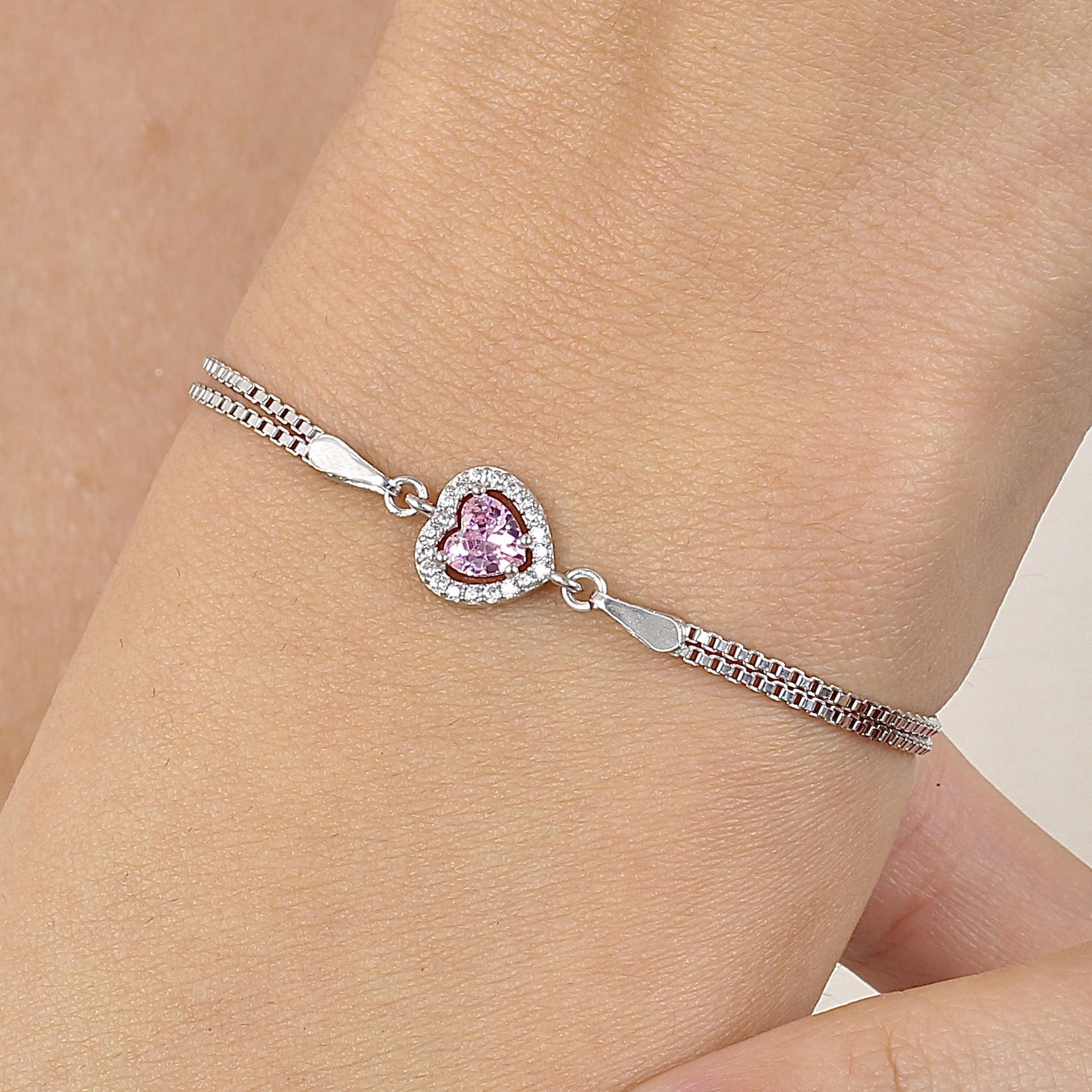 Pink Stone Cute Heart Silver Bracelet
