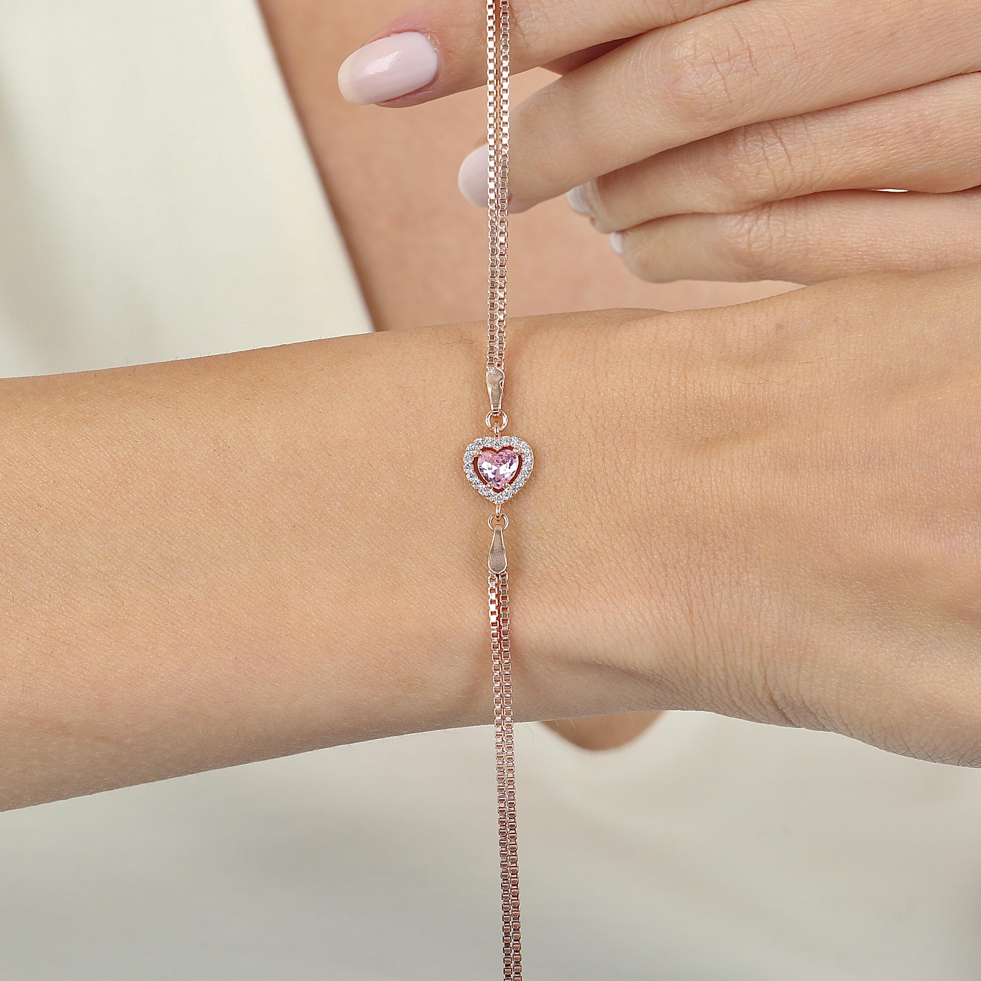 Pink Stone Cute Heart Rose Gold Bracelet