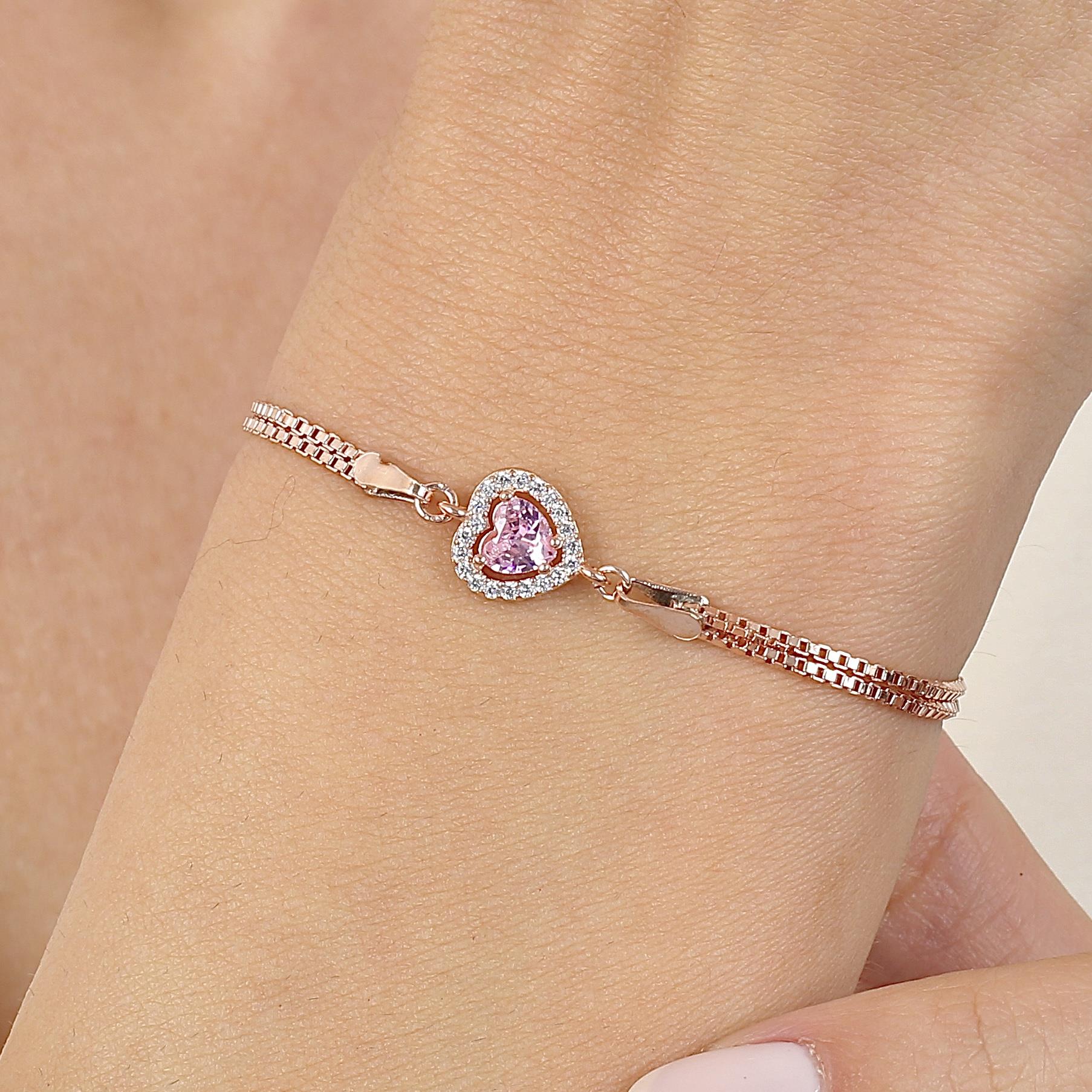 Pink Stone Cute Heart Rose Gold Bracelet