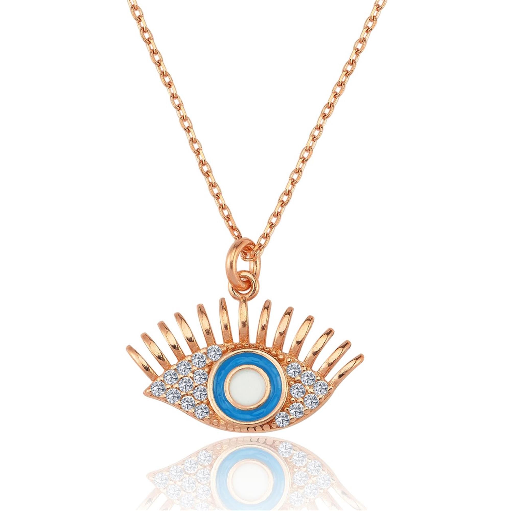 Rose gold evil eye necklace with blue enamel and cubic zirconia stones – a dainty charm symbolizing protection and beauty.
