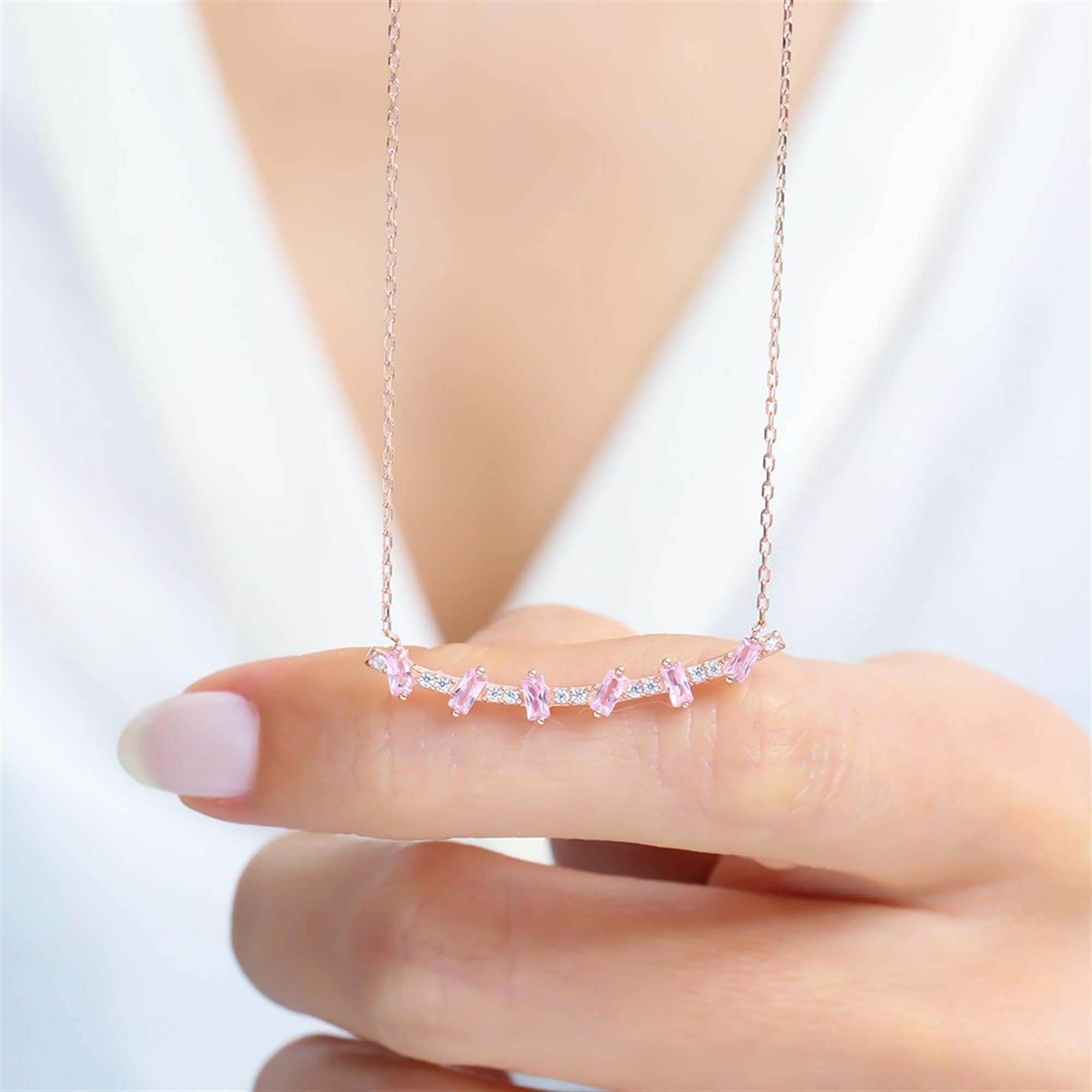 Pink Baguette Sparkle Bar Rose Gold Necklace