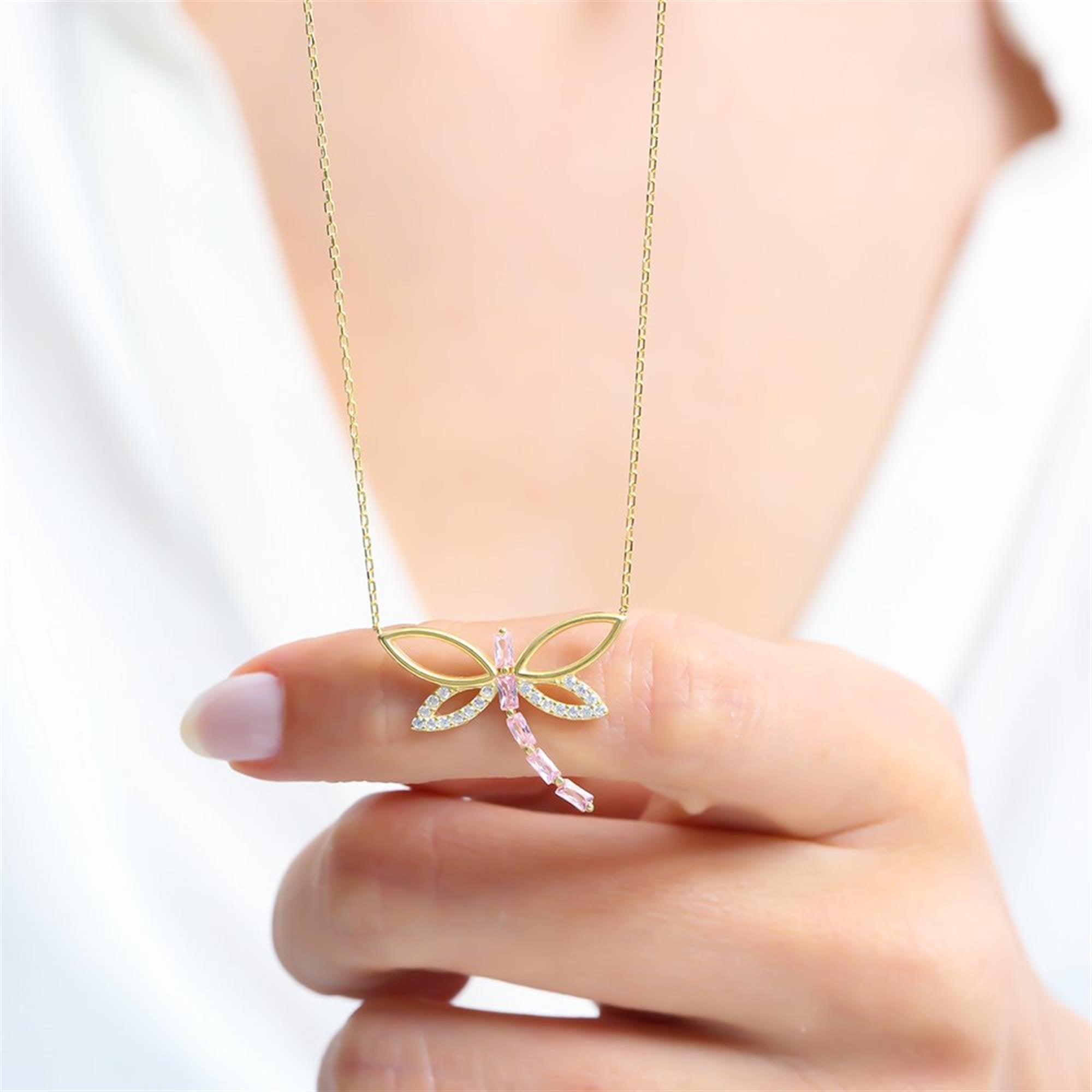 Pink Baguette Dragonfly Gold Plated Necklace