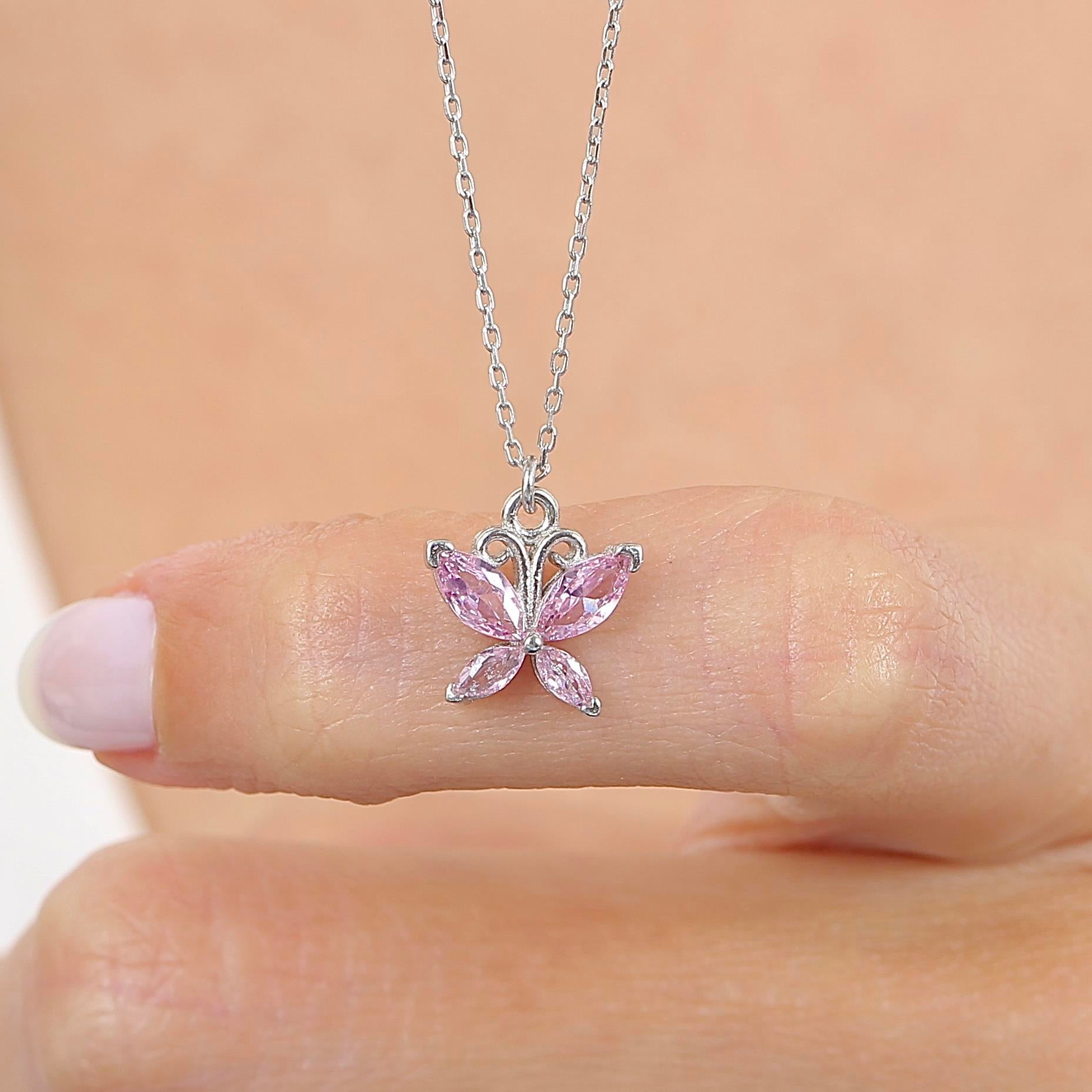 Pink Stone Butterfly Silver Necklace