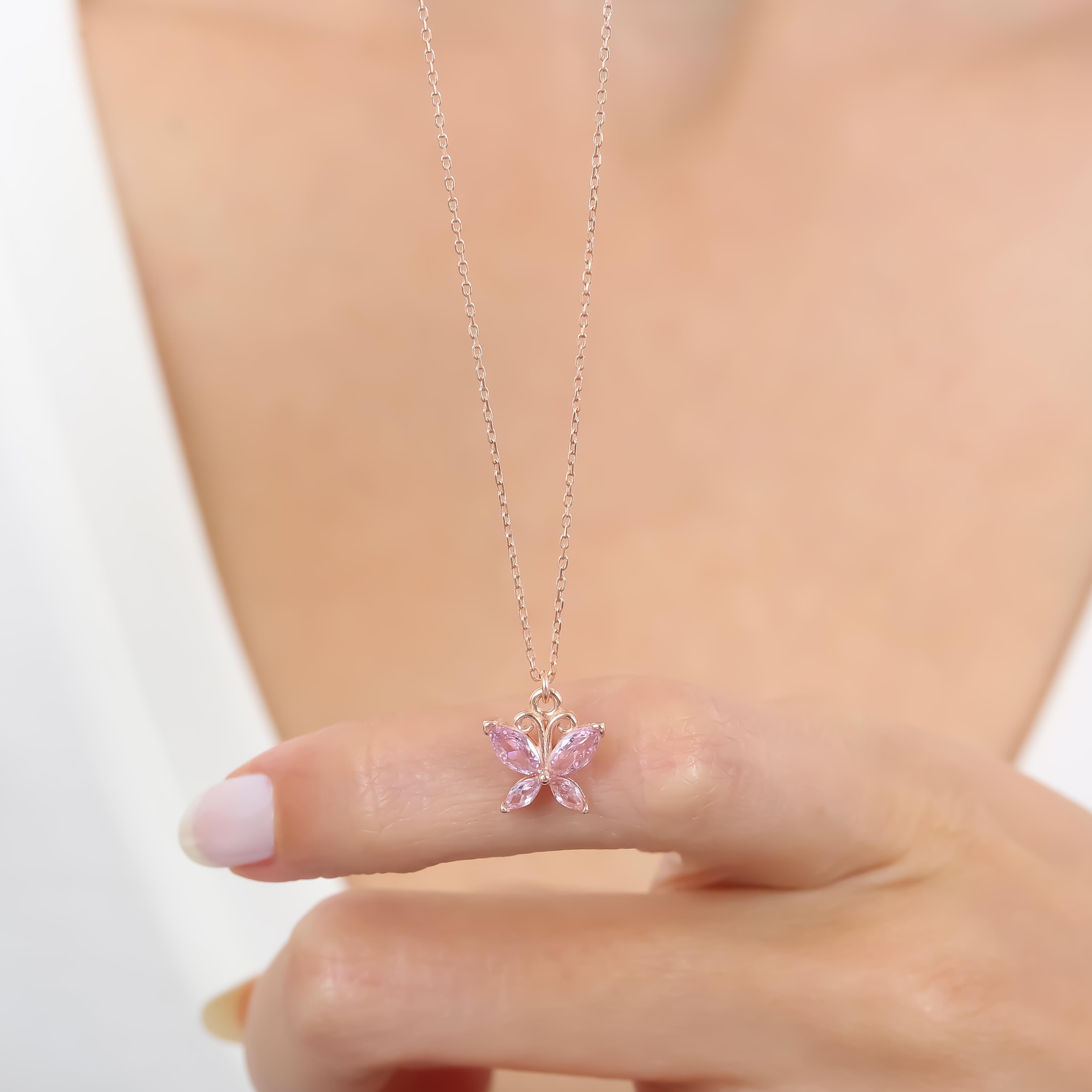 Pink Stone Butterfly Rose Gold Plated Necklace