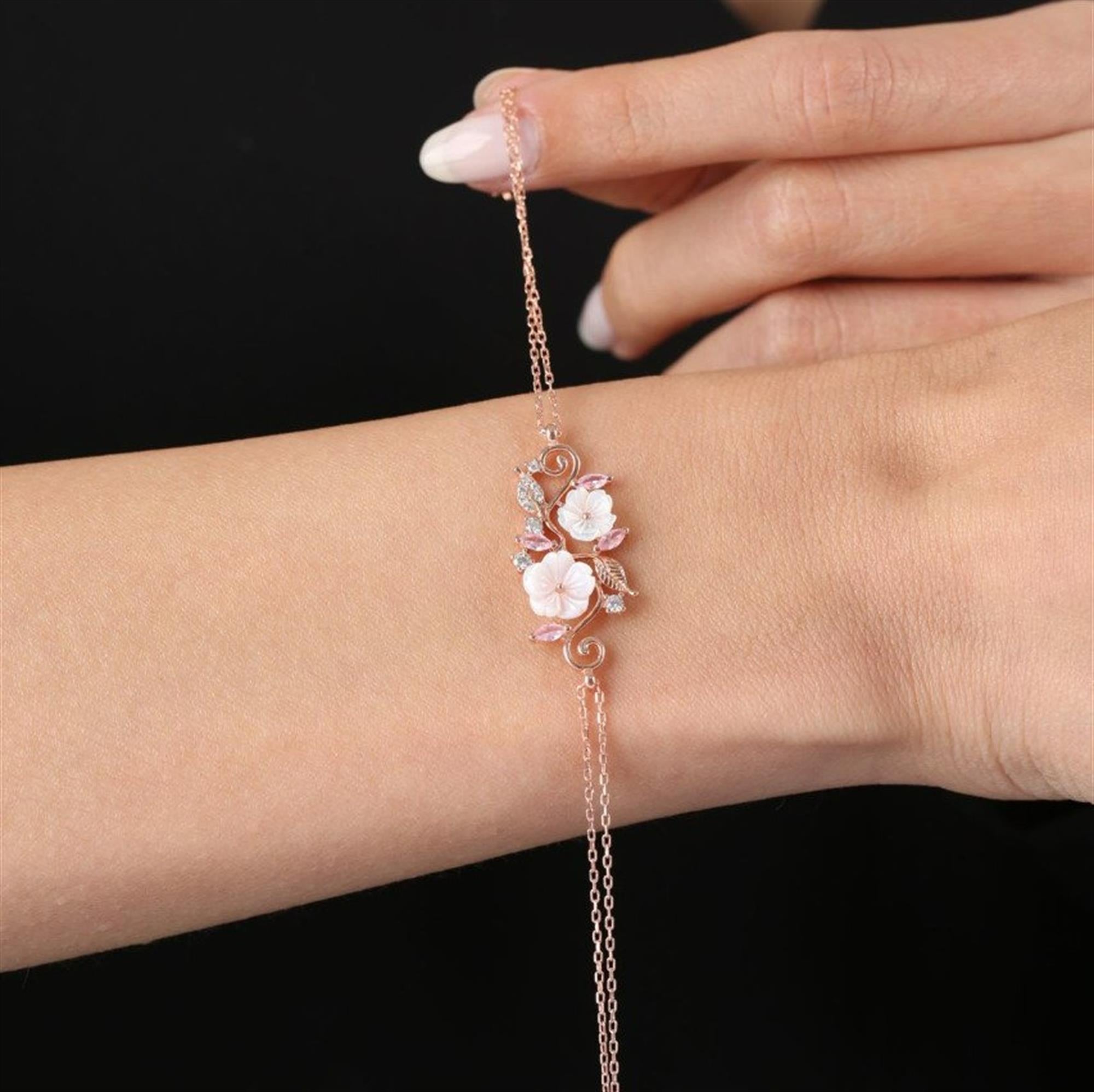 Pink Stone Magnolia Flowers Love Garden Rose Gold Bracelet