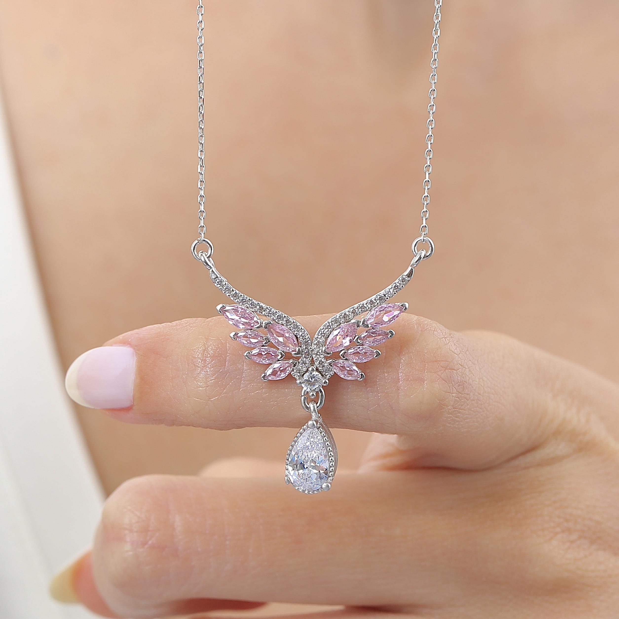 Pink Stone Angel Wing Silver Necklace