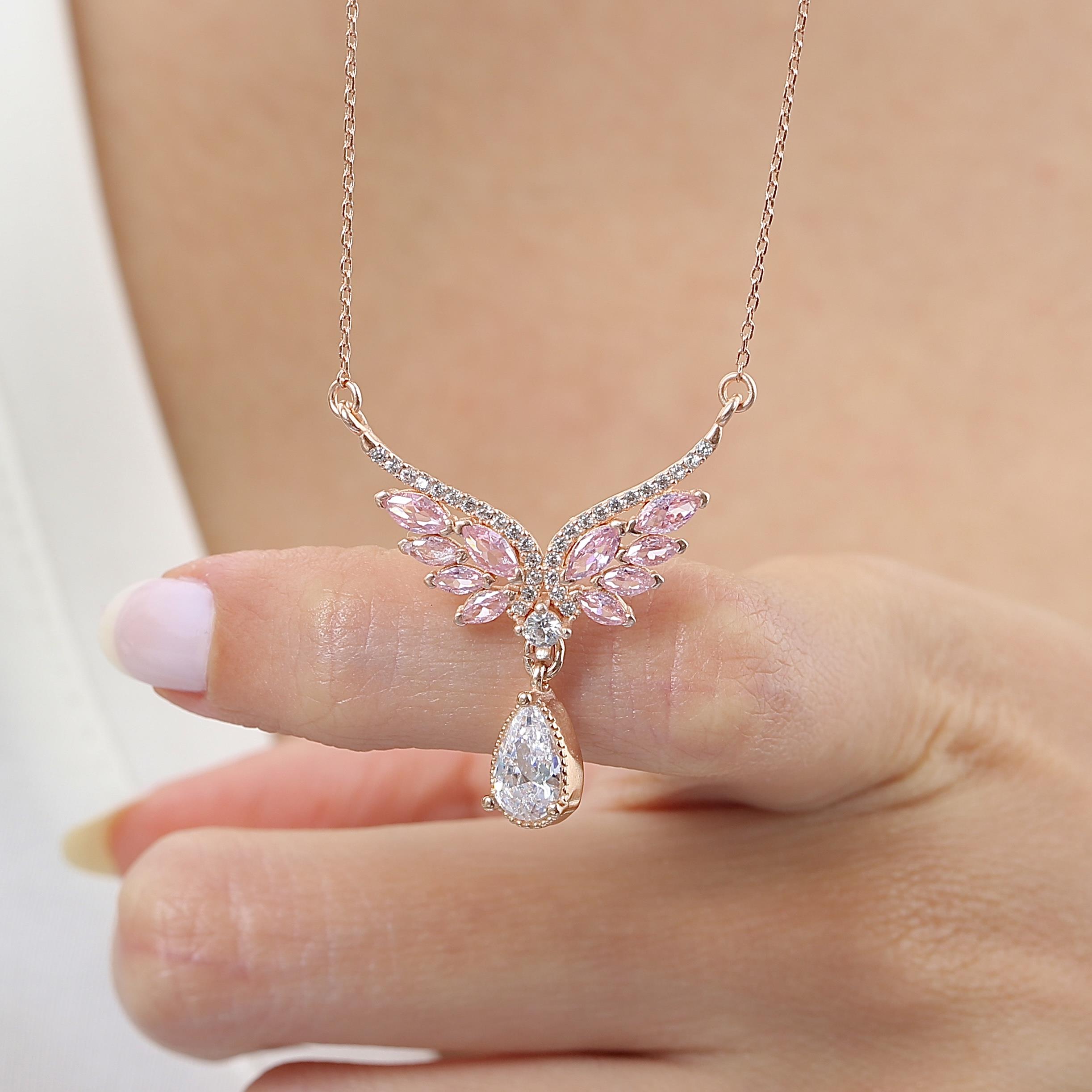 Pink Stone Angel Wing Rose Gold Necklace