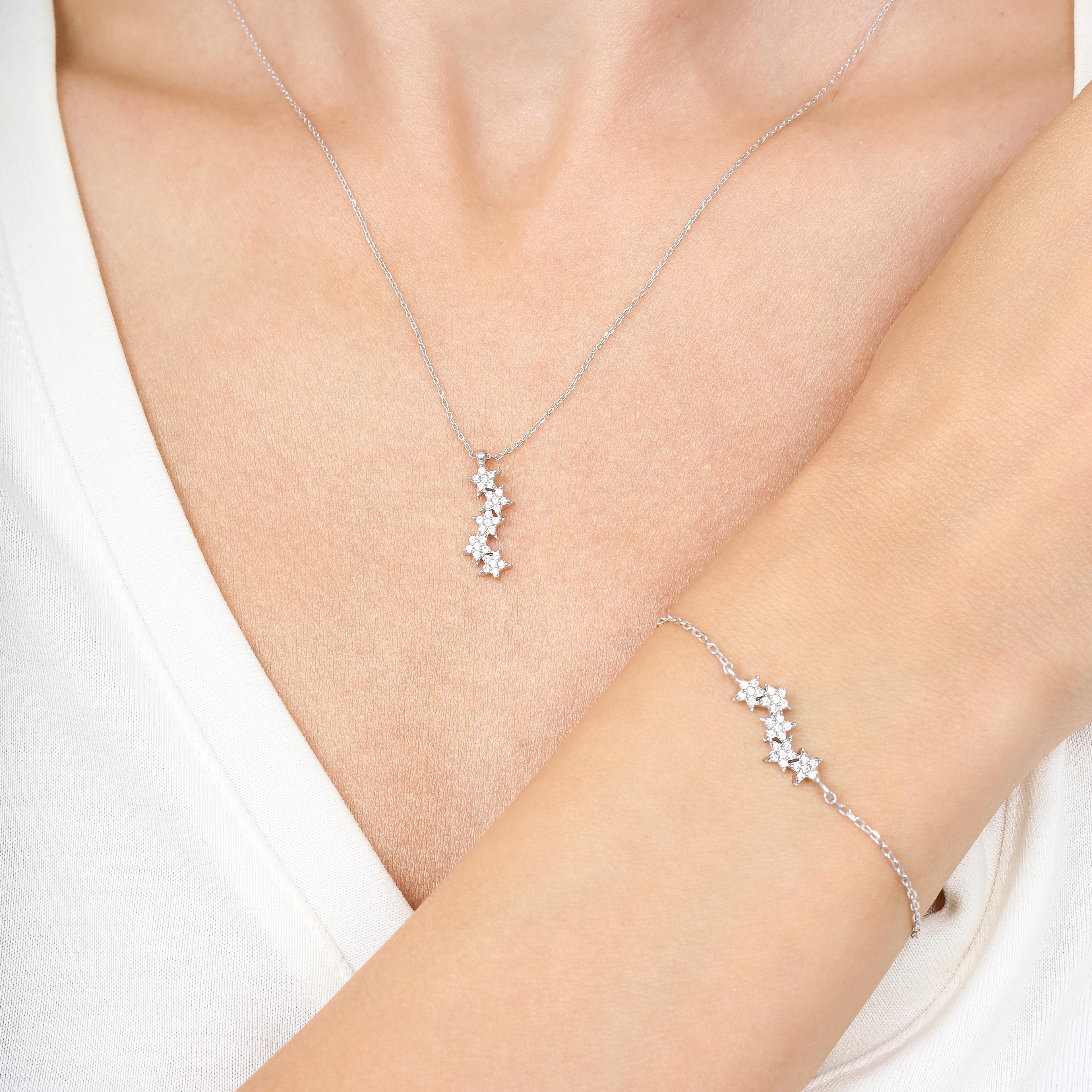 Diamond Setting Asymmetric Stars Silver Jewelry Set