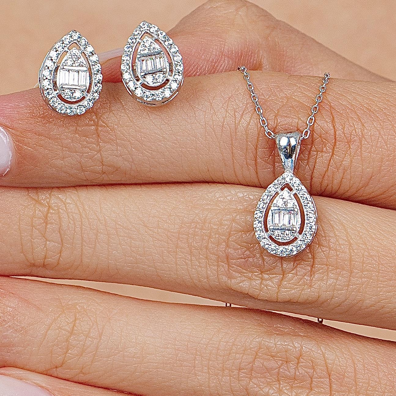 Diamond Setting Baguette Teardrop Silver Duo Set