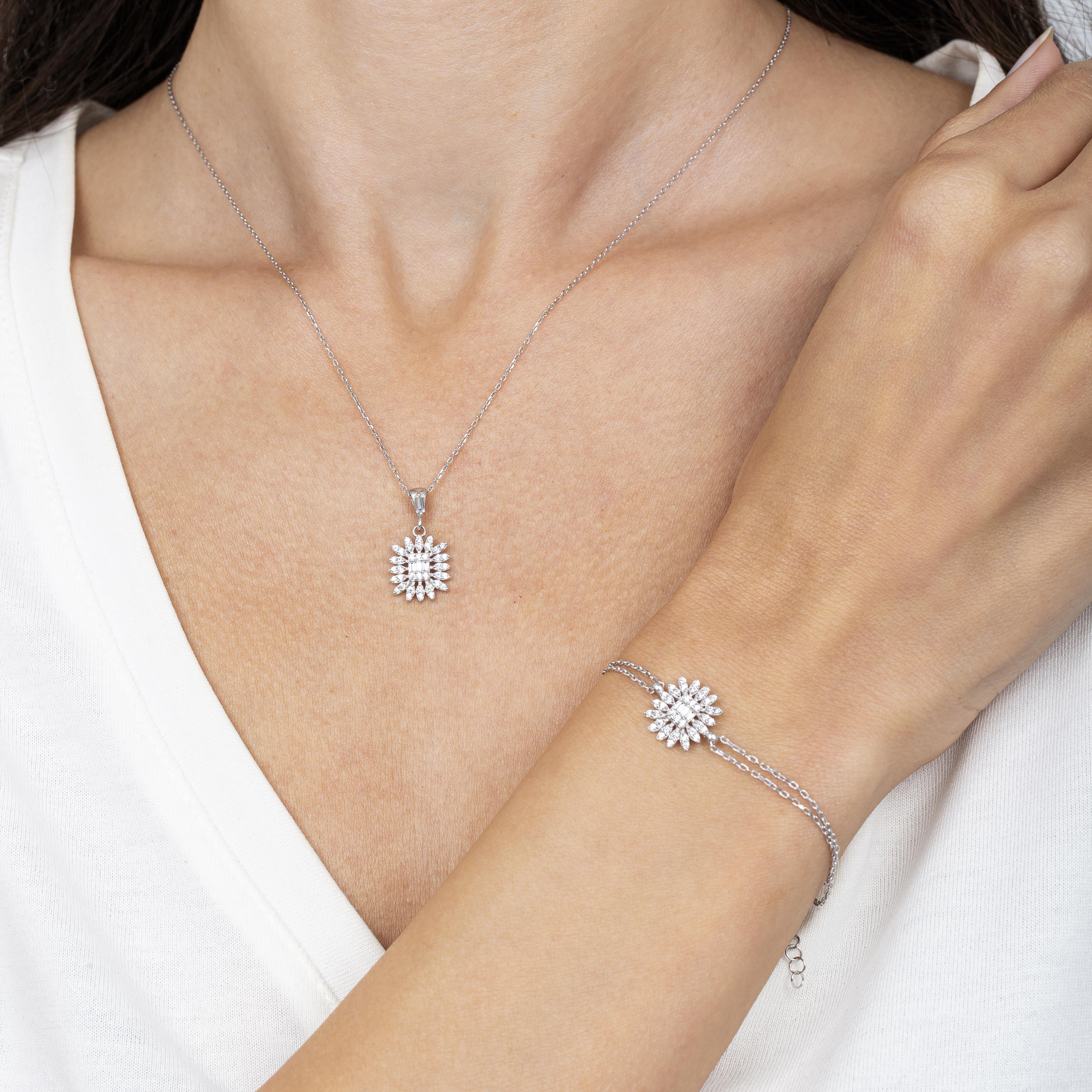 Diamond Baguette Sun Simplicity Seal Silver Jewelry Set