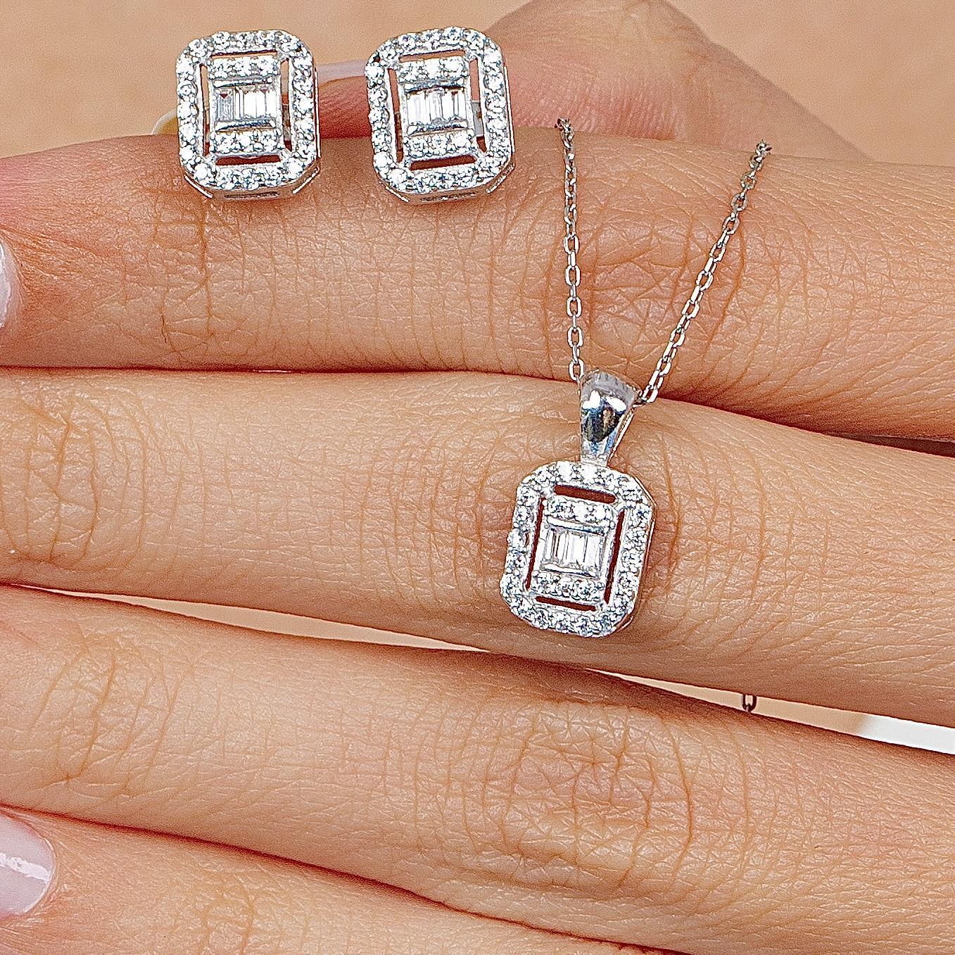 Diamond Setting Baguette Square Silver Double Set