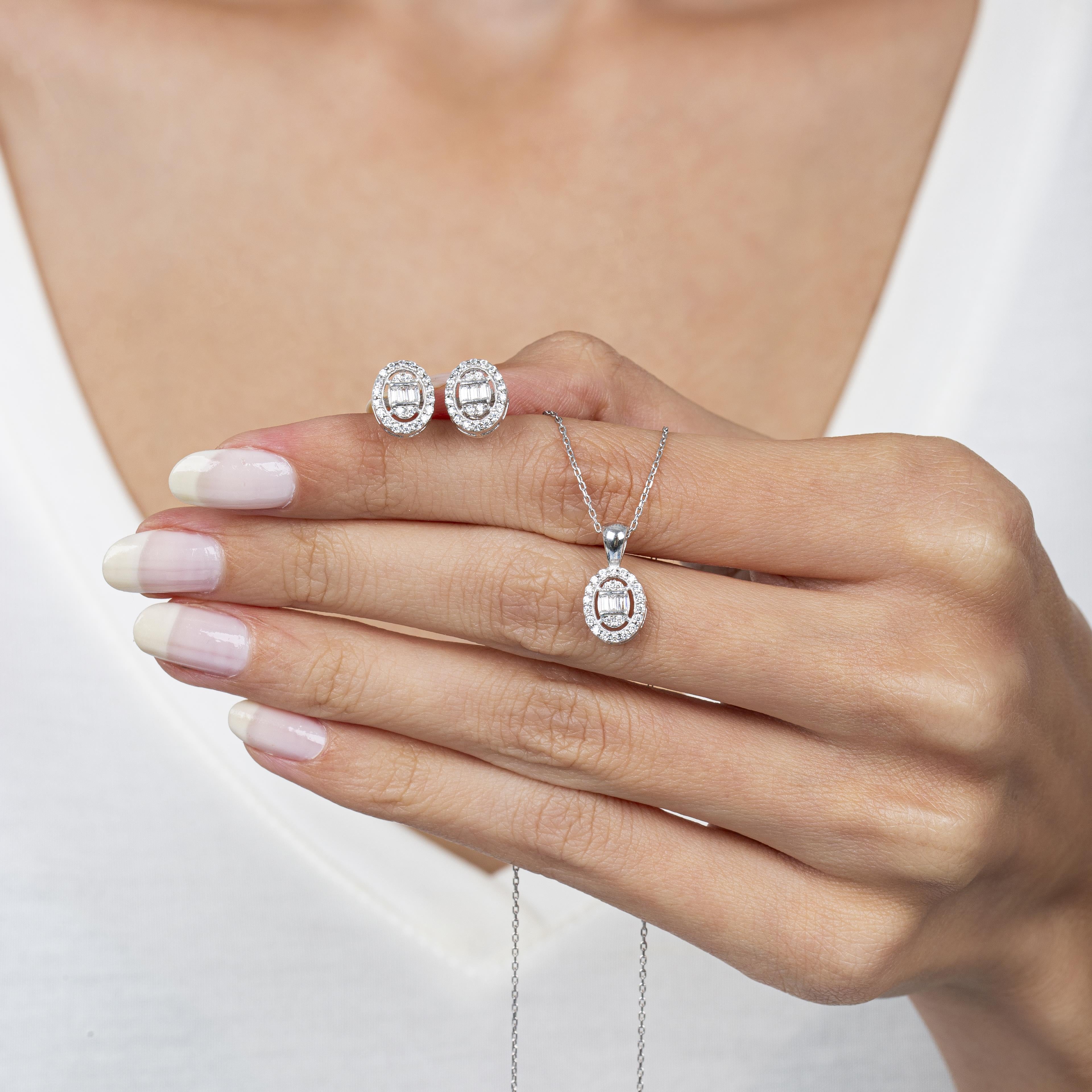 Diamond Setting Baguette Oval Silver Double Set