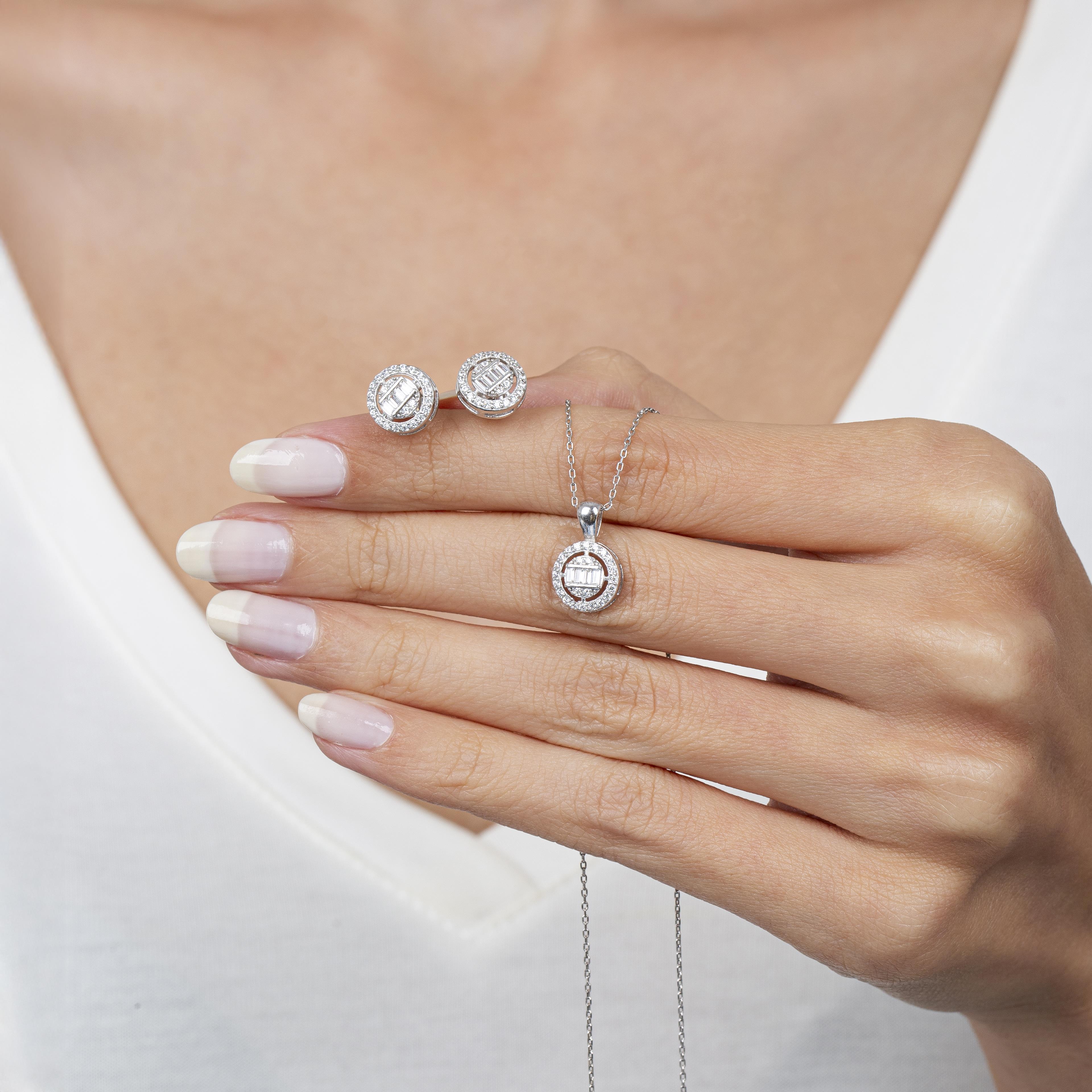 Diamond Setting Baguette Round Silver Duo Set