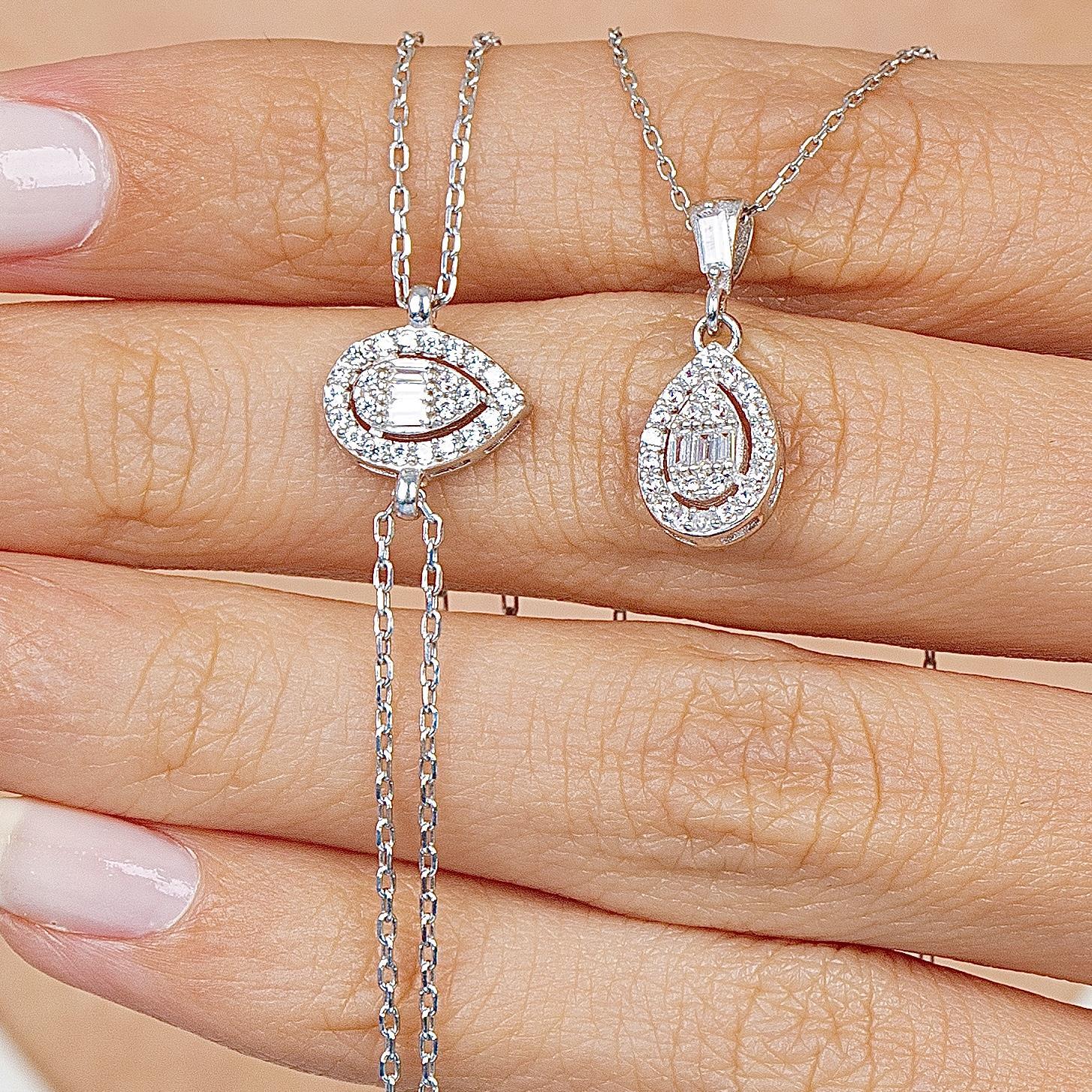 Diamond Teardrop Shape Simplicity Seal Silver Jewelry Set
