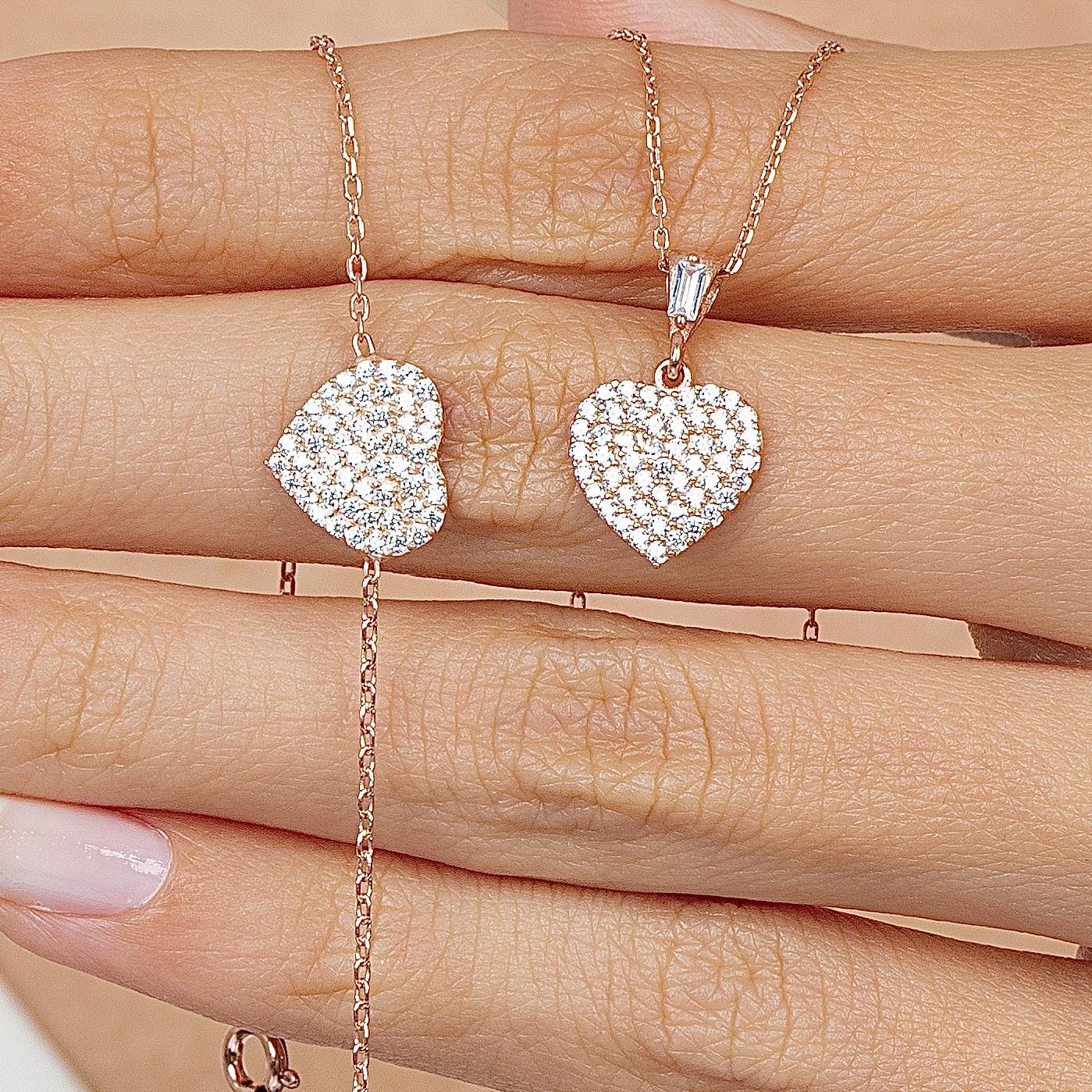 Diamond Setting Sparkling Heart Silver Duo Set