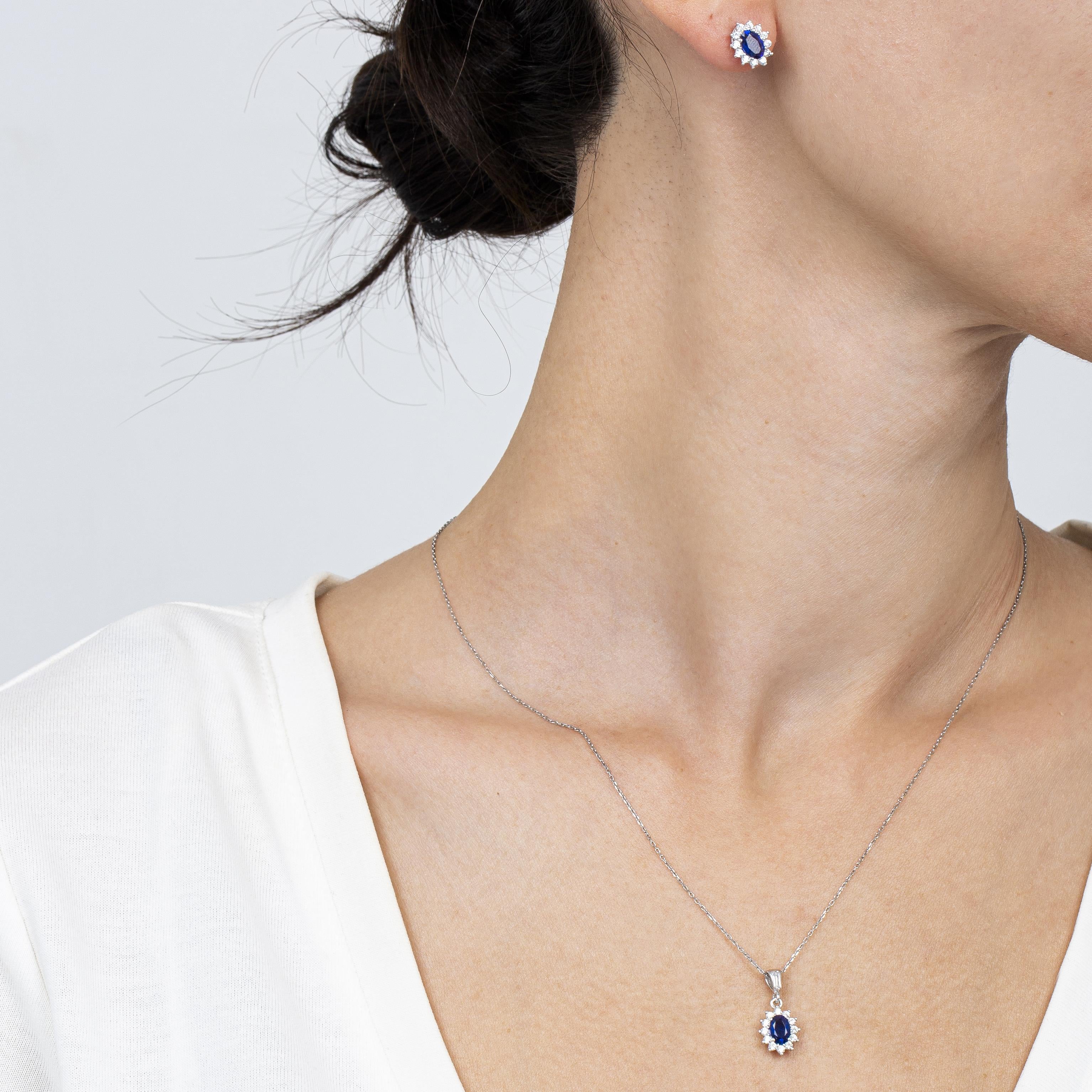 Diamond Oval Cut Sapphire 925 Silver Jewelry Set