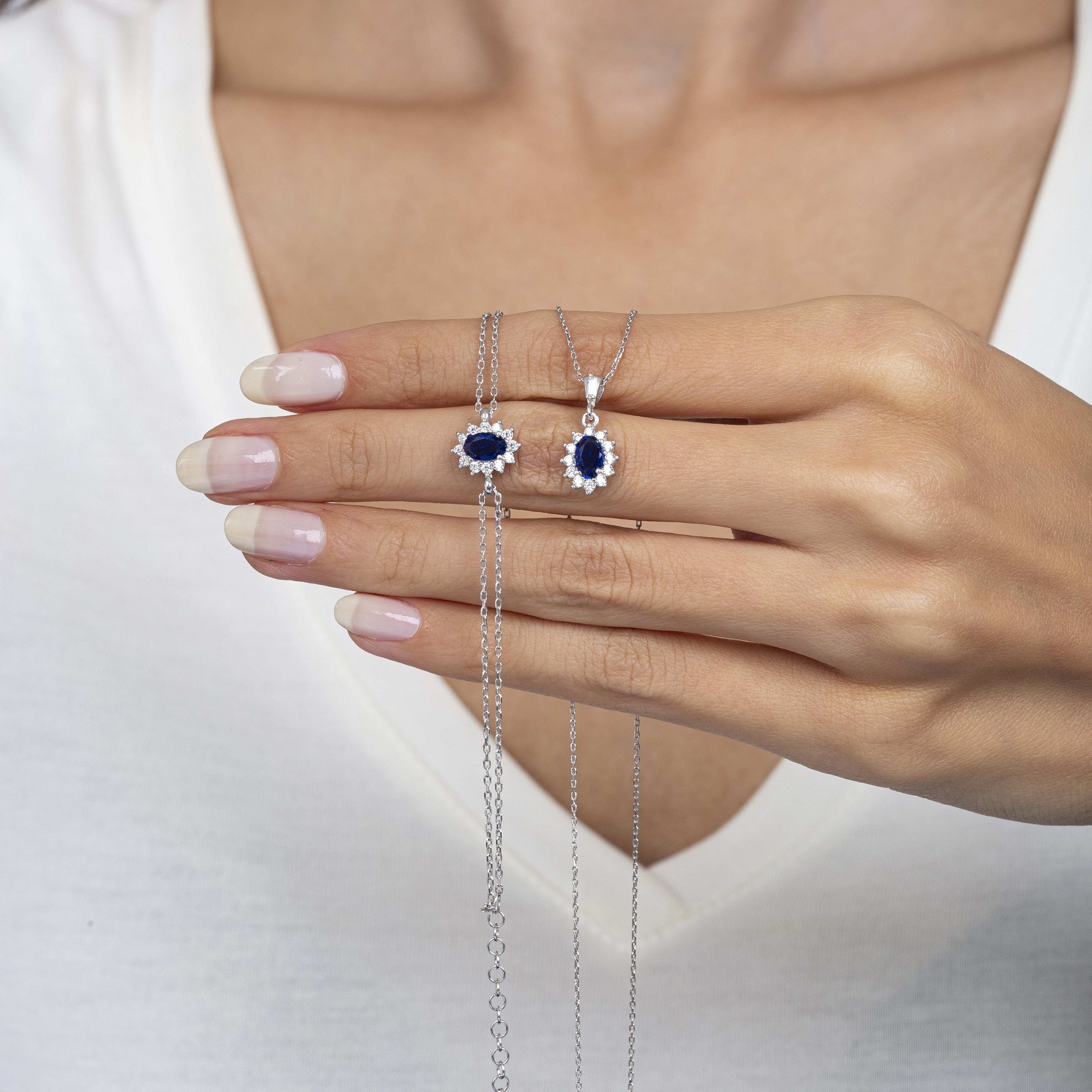 Diamond Oval Cut Sapphire 925 Silver Jewelry Set