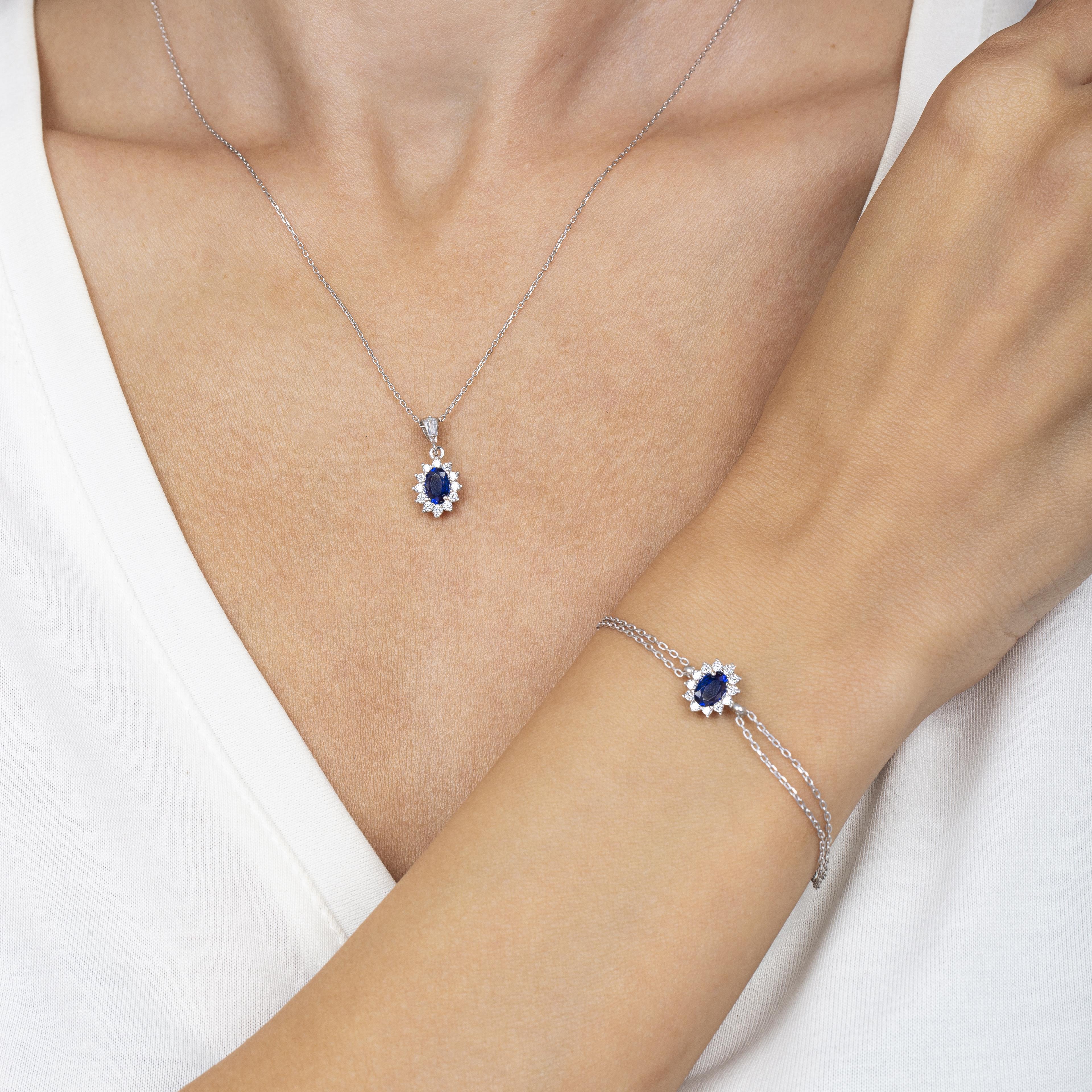 Diamond Oval Cut Sapphire 925 Silver Jewelry Set