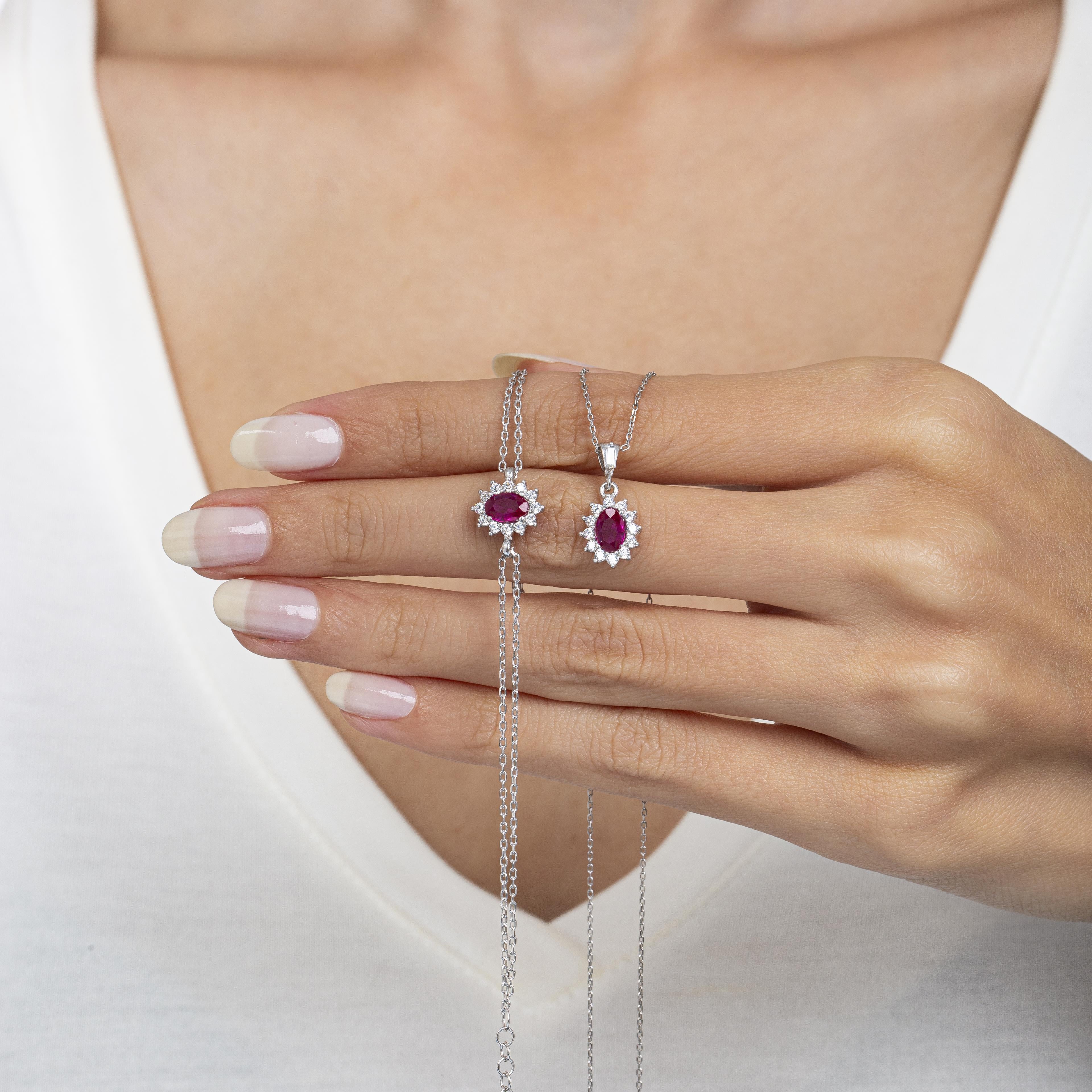Diamond Oval Cut Ruby 925 Silver Jewelry Set