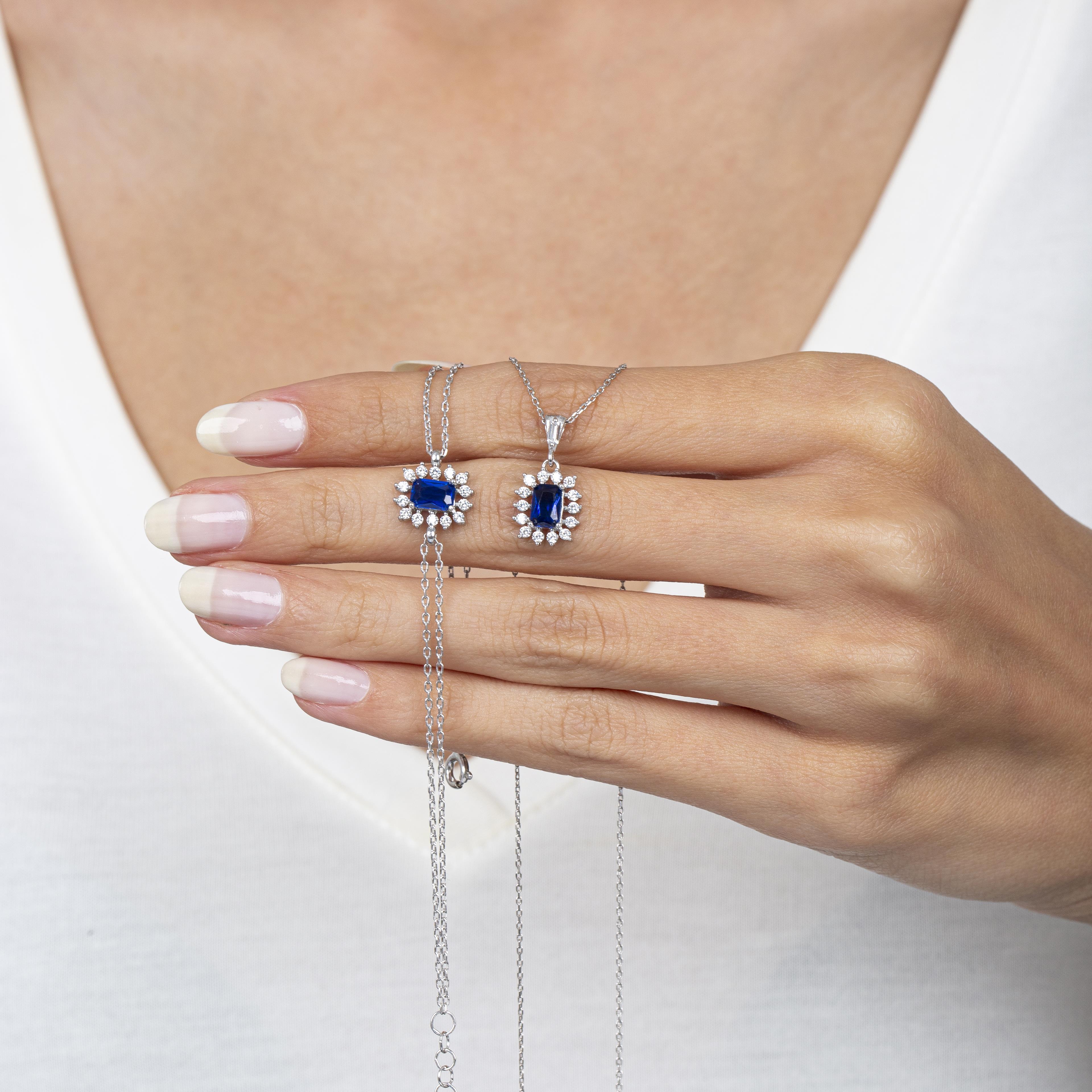 Diamond Elegance Sun Sapphire Simplicity Seal Silver Jewelry Set