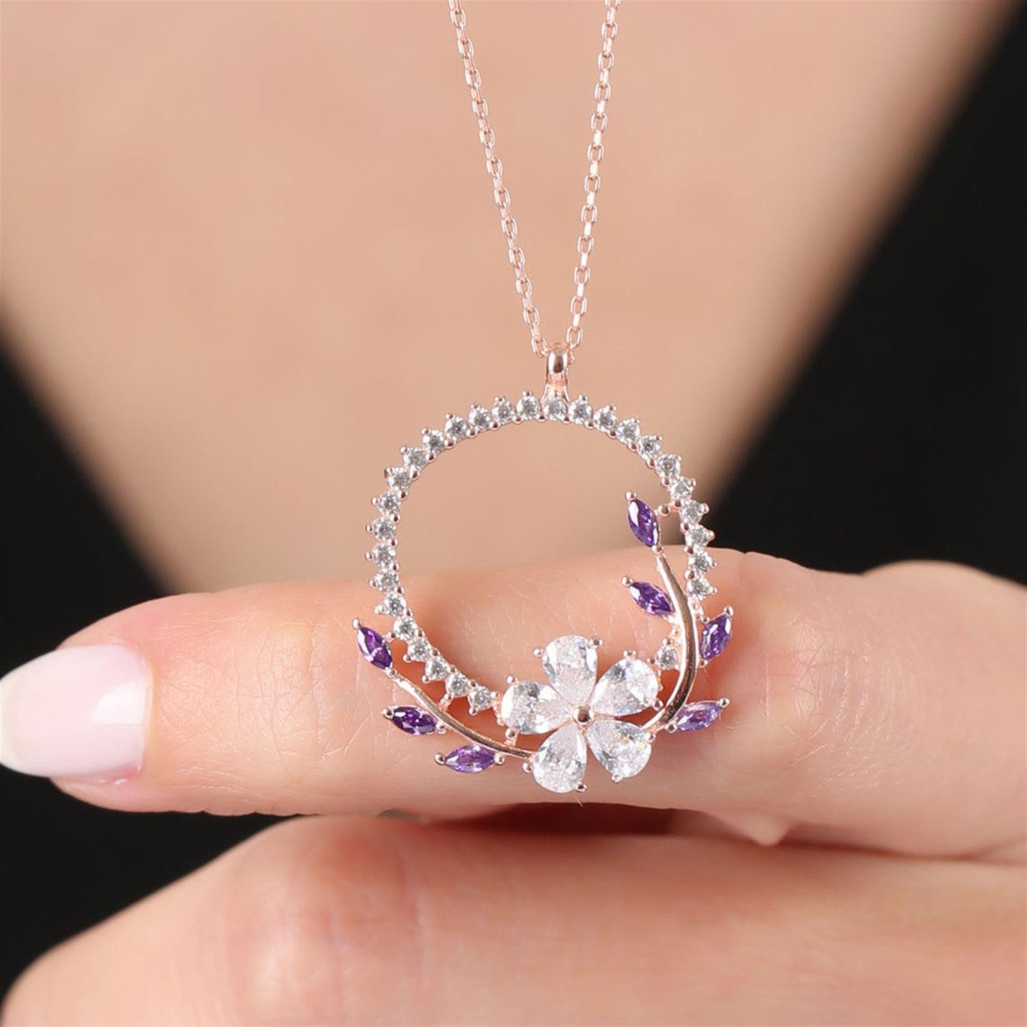 Diamond Setting Amethyst Crown Rose Gold Flower Necklace