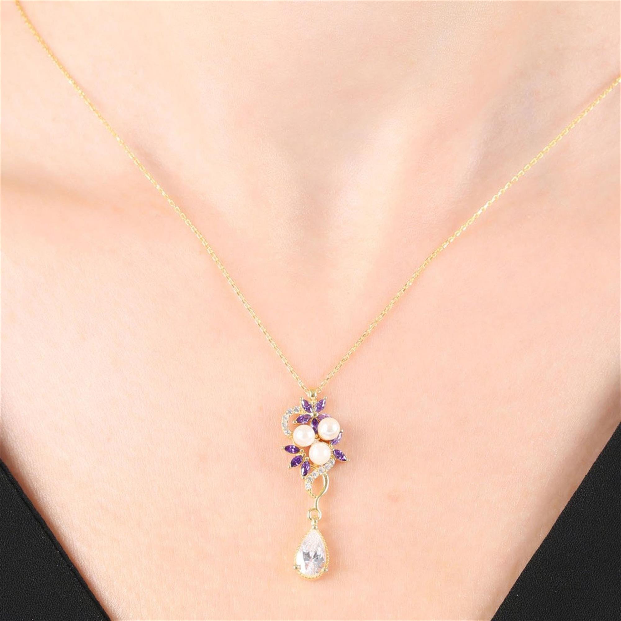 Diamond Amethyst Pearls Floral Gold Necklace