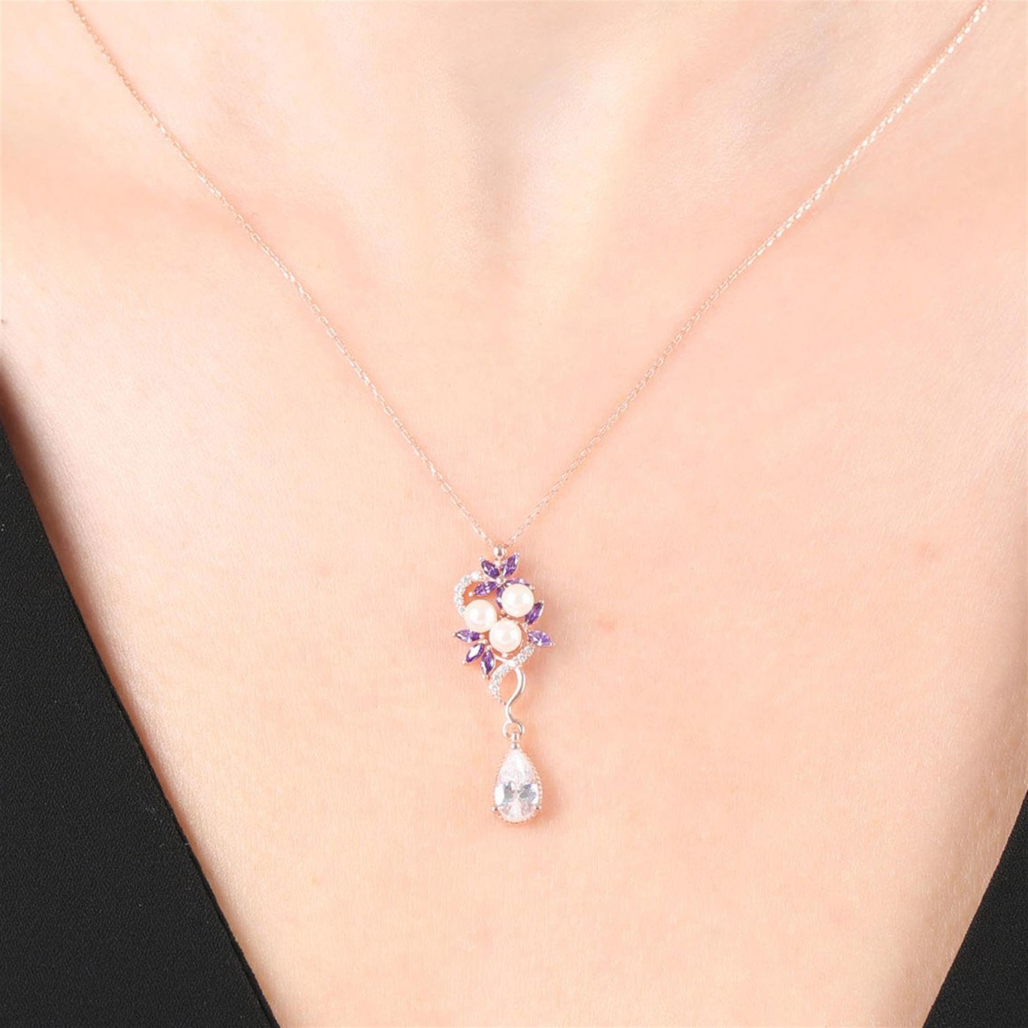 Diamond Amethyst Pearls Floral Rose Gold Necklace