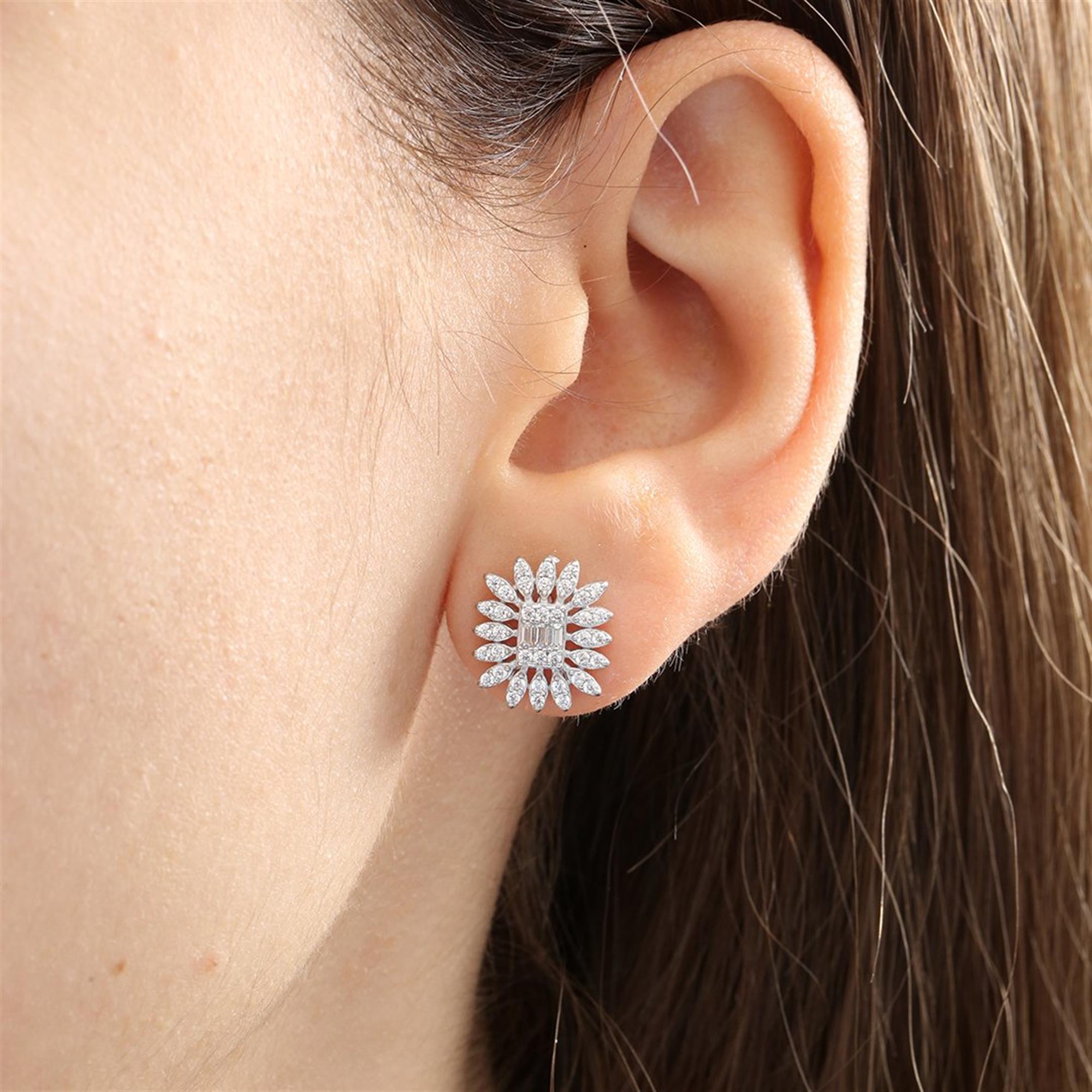 Diamond Setting Baguette Sun Silver Earrings