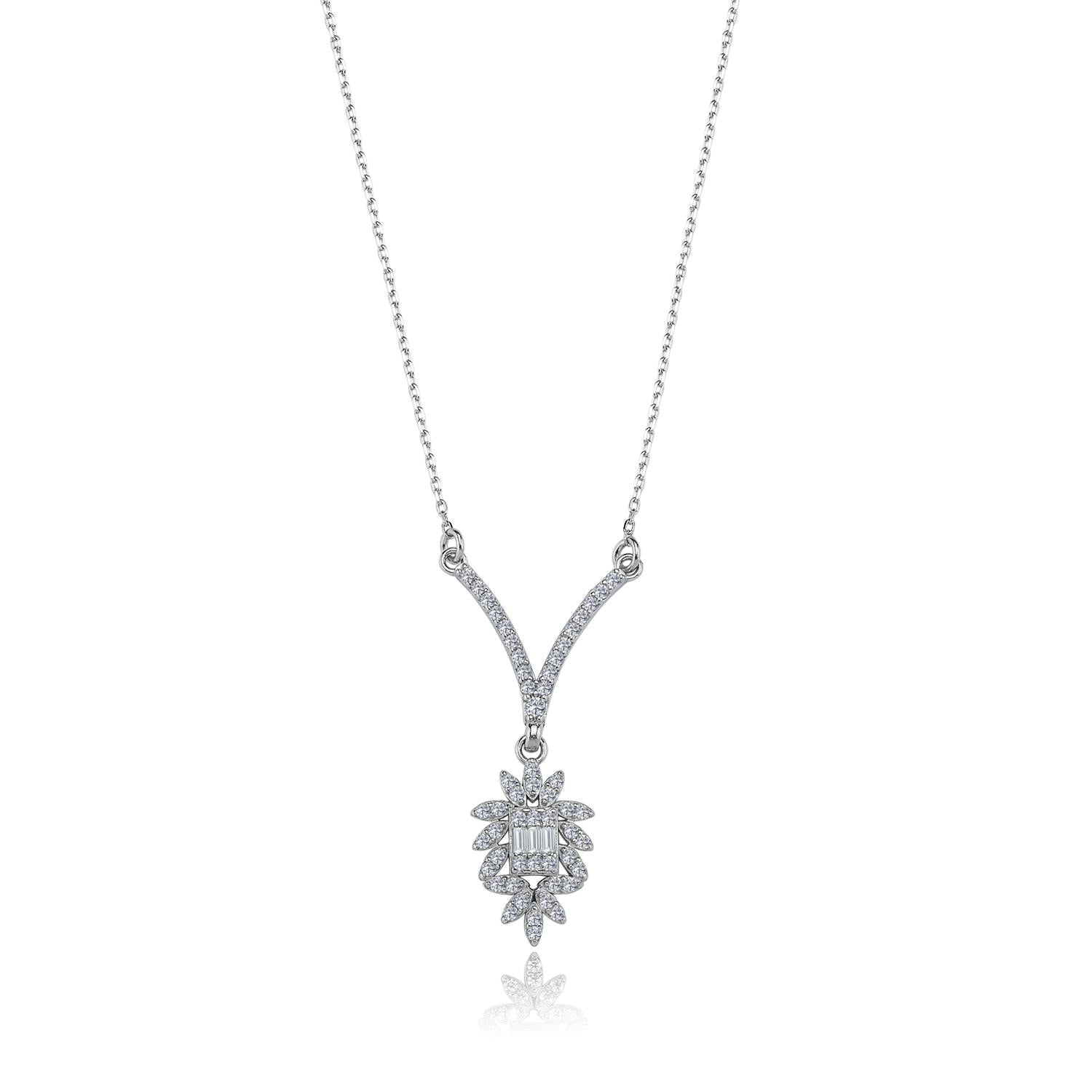 Diamond Setting Baguette Fairytale Seal of Elegance Silver Necklace