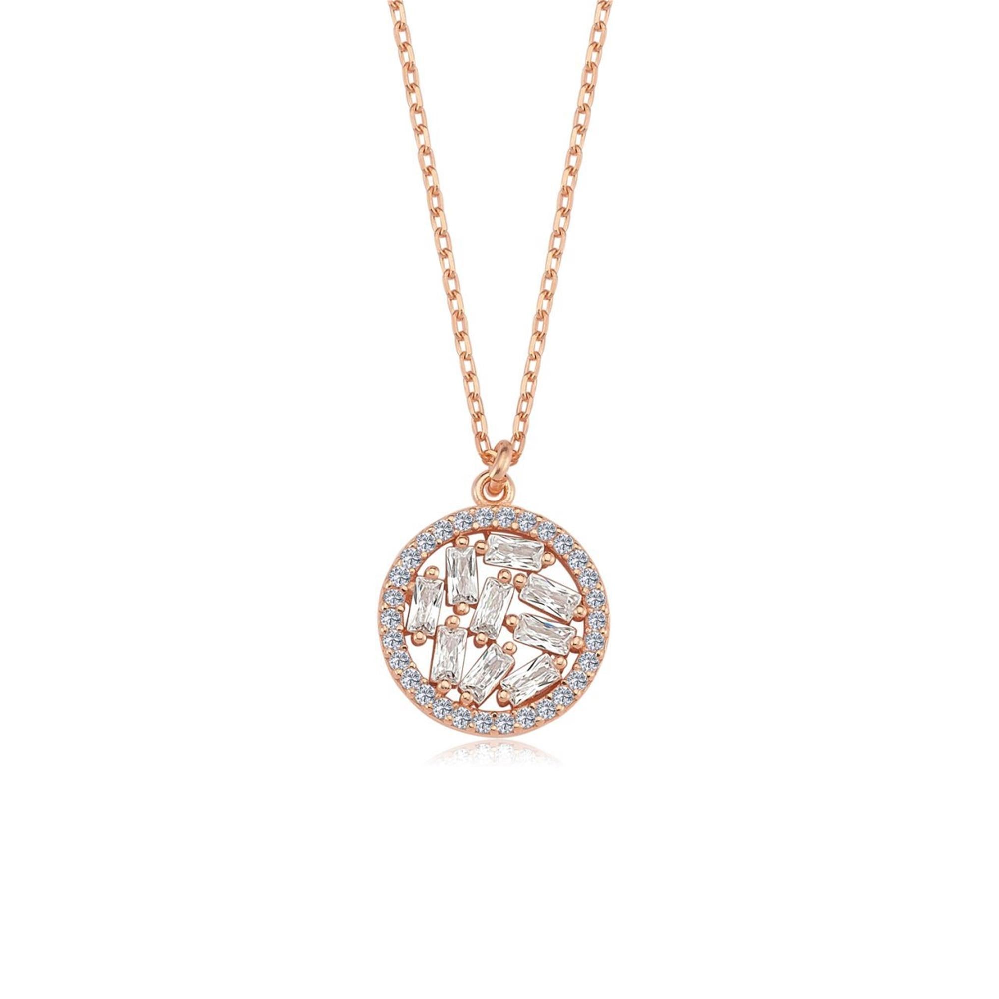Diamond Setting Baguette Oval Silver Necklace