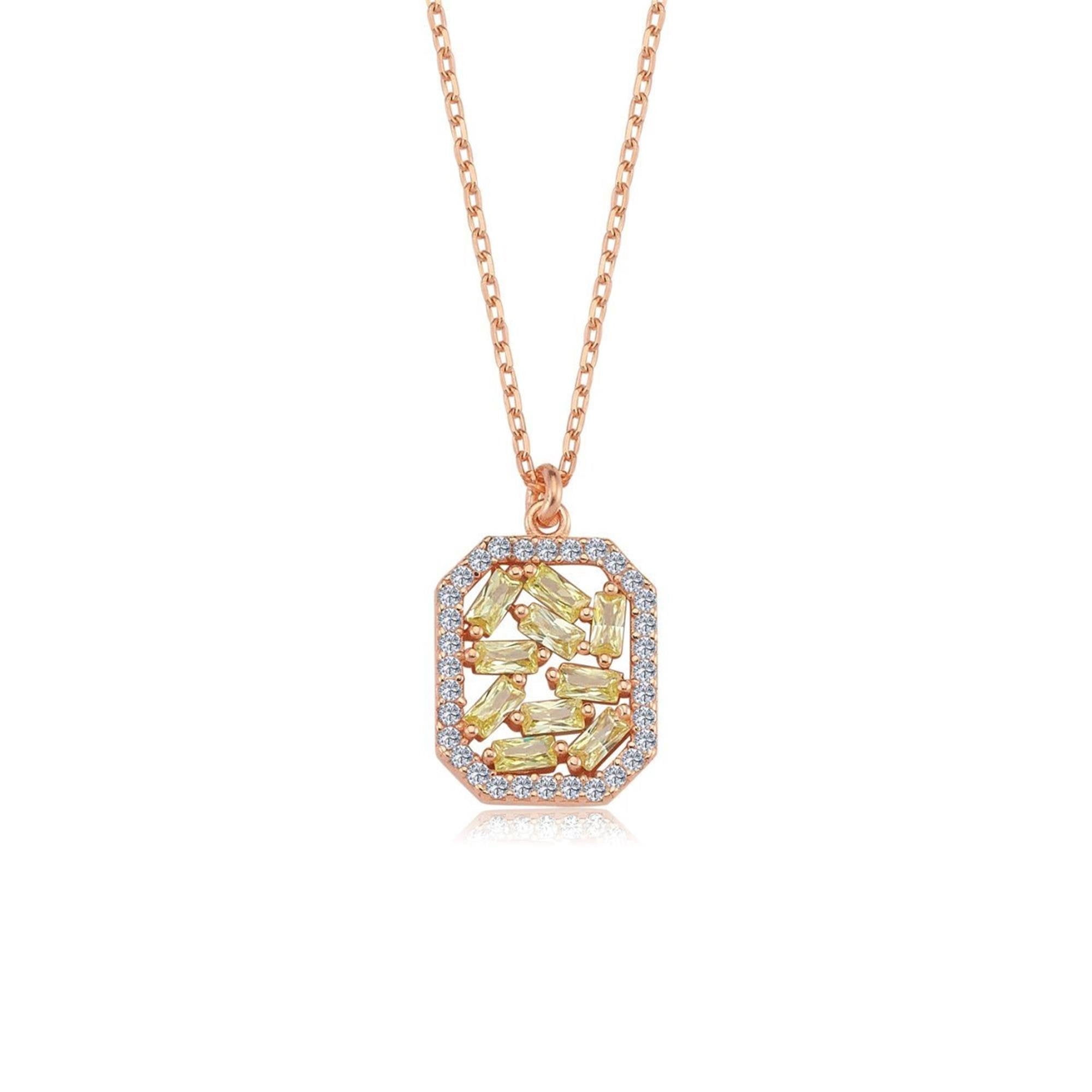 Diamond Setting Baguette Yellow Square Silver Necklace
