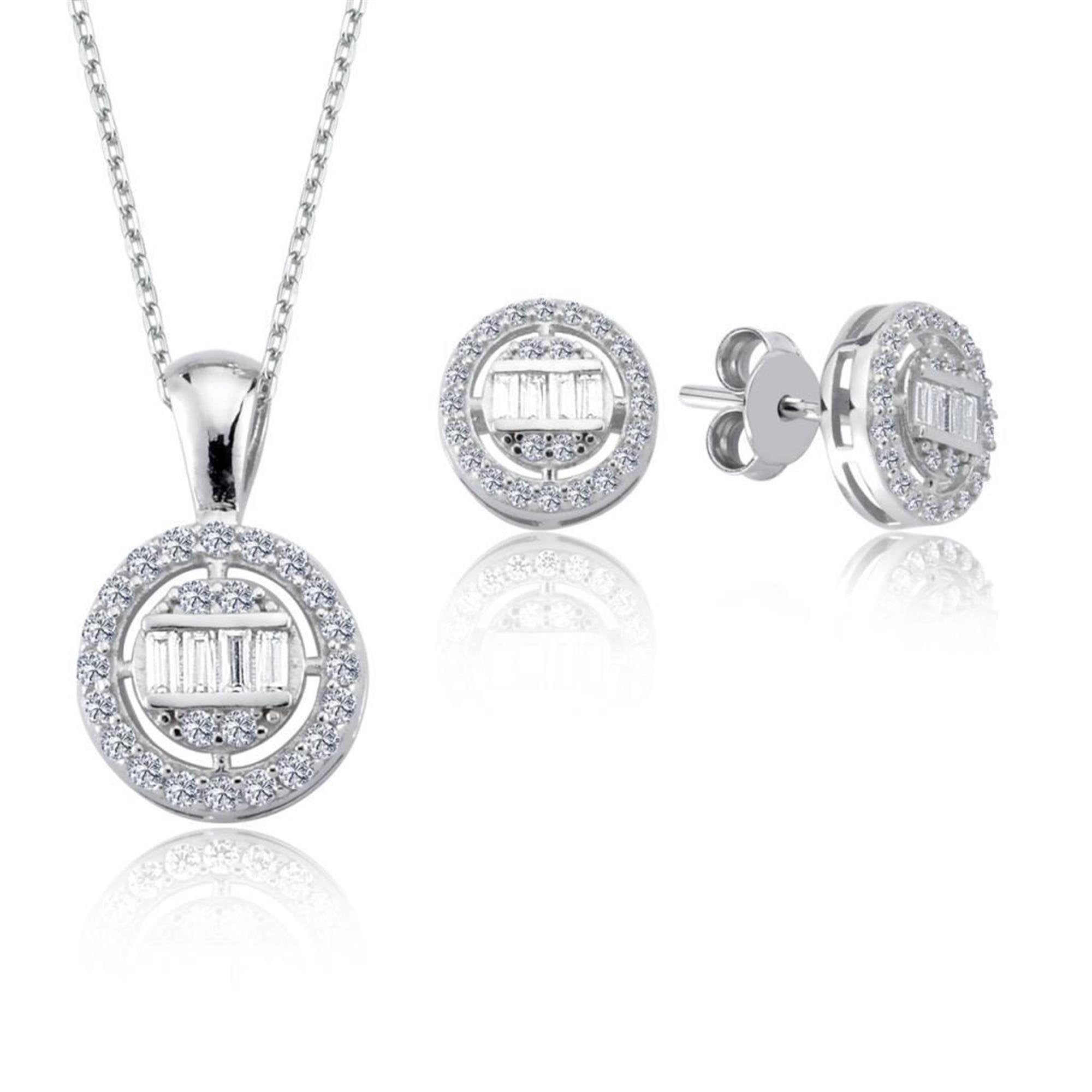 Elegant sterling silver necklace and earring duo with baguette-cut center stones and sparkling round zirconia halo