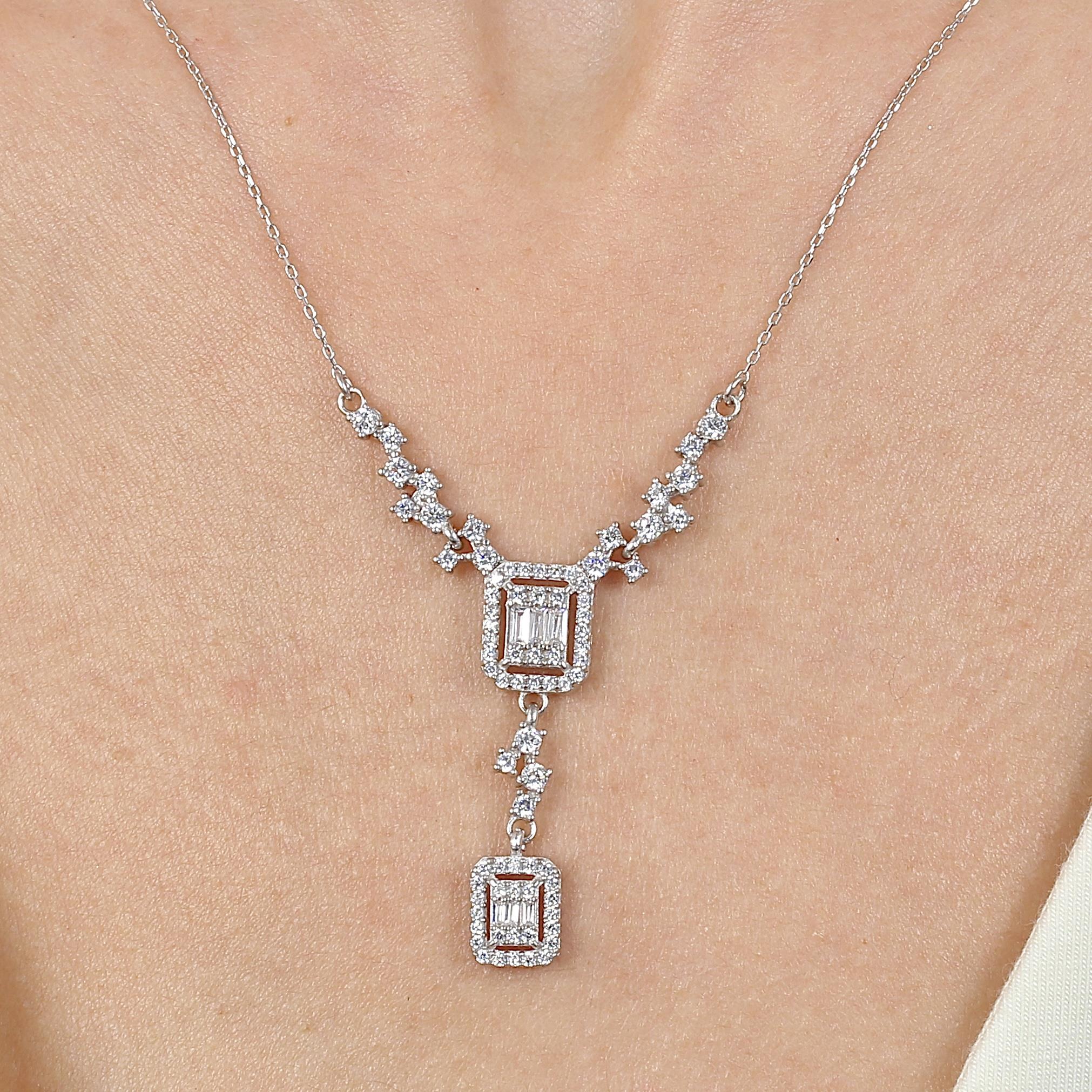 Diamond Setting Baguette Silver Necklace