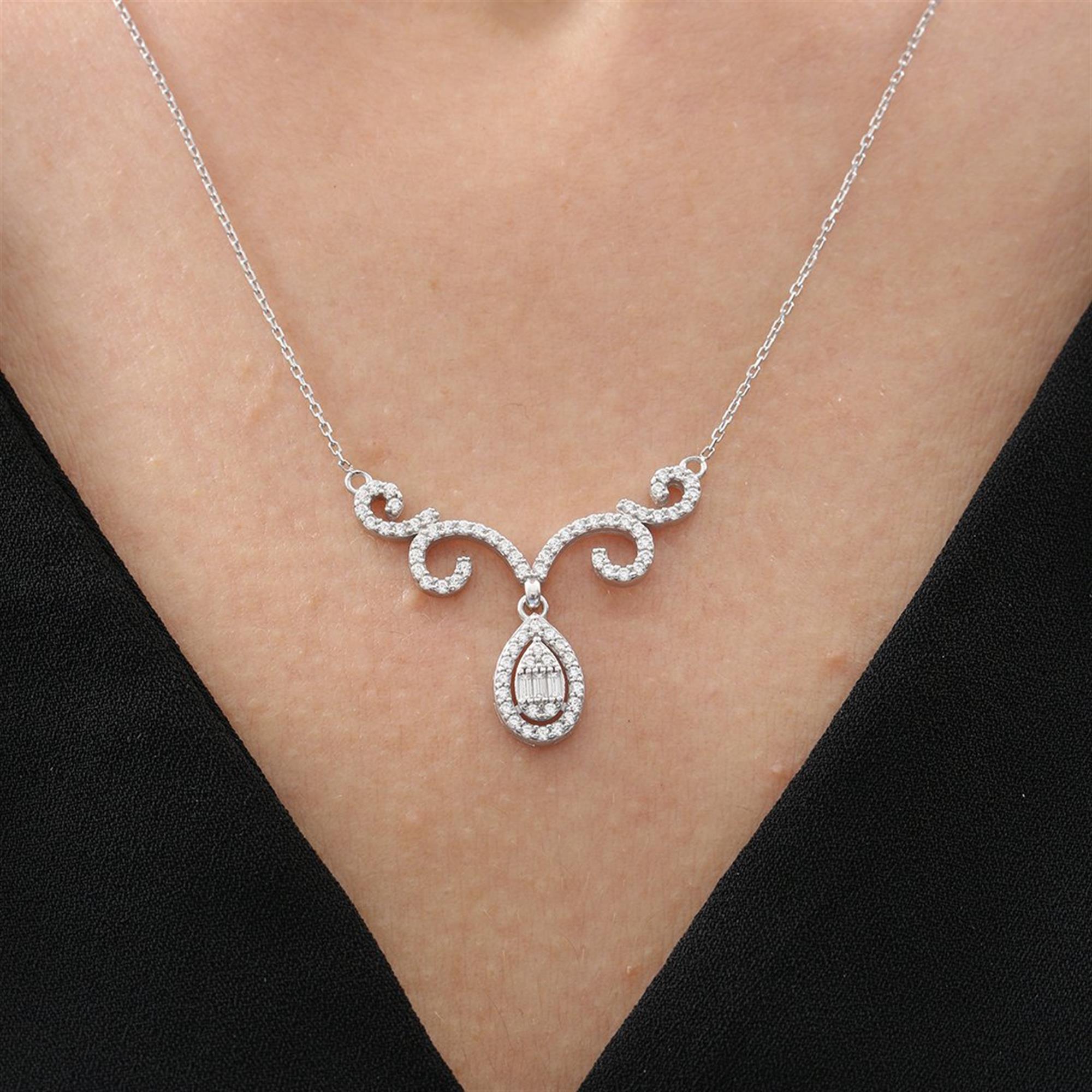 Diamond Setting Drop Shape Seal of Nobility Silver Necklace