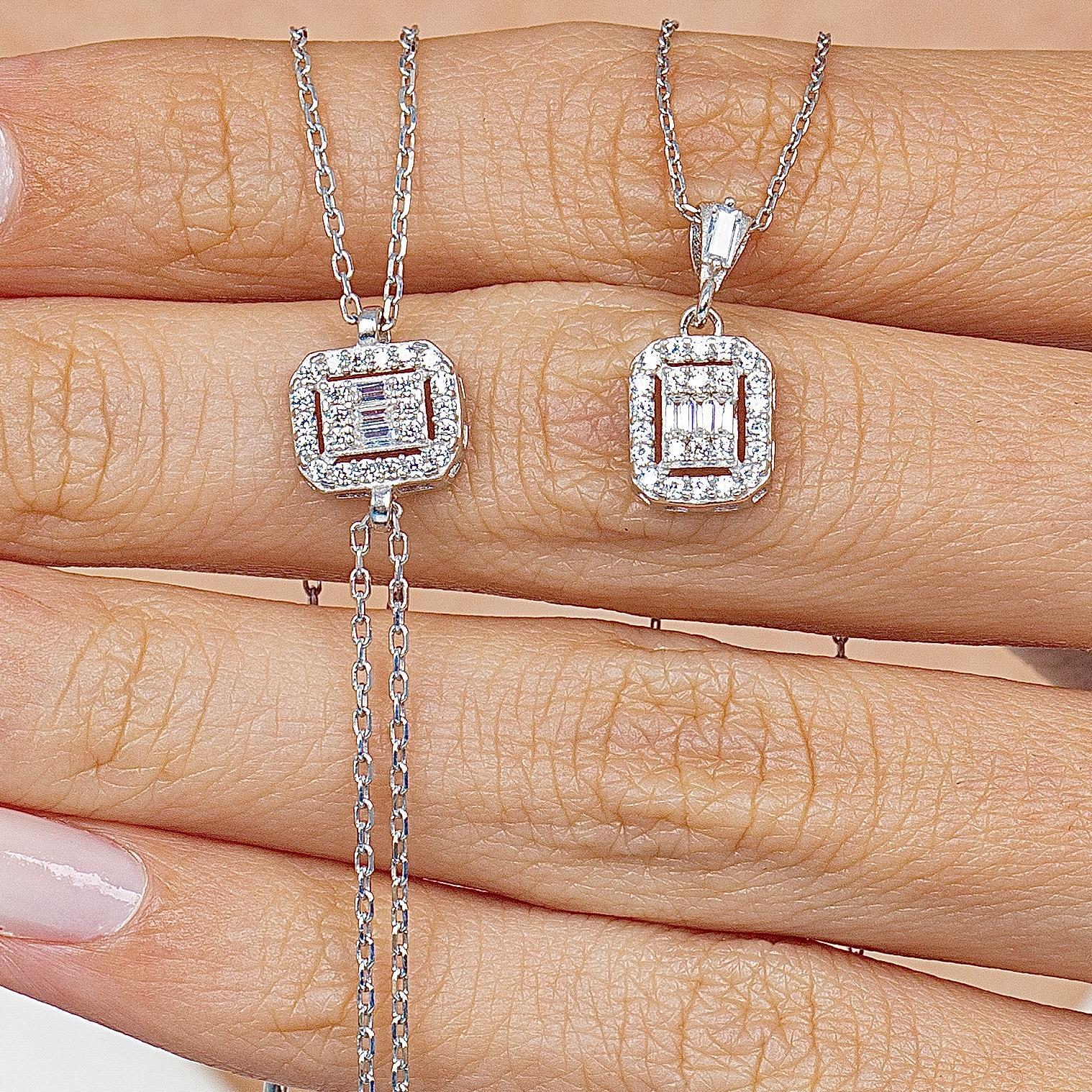 Diamond Rectangle Shape Simplicity Seal Silver Jewelry Set