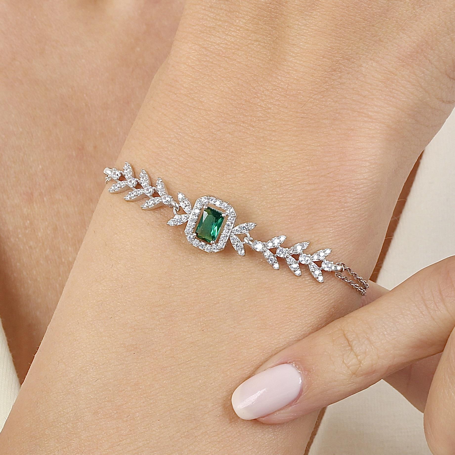 Diamond Baguette Cut Emerald Silver Bracelet