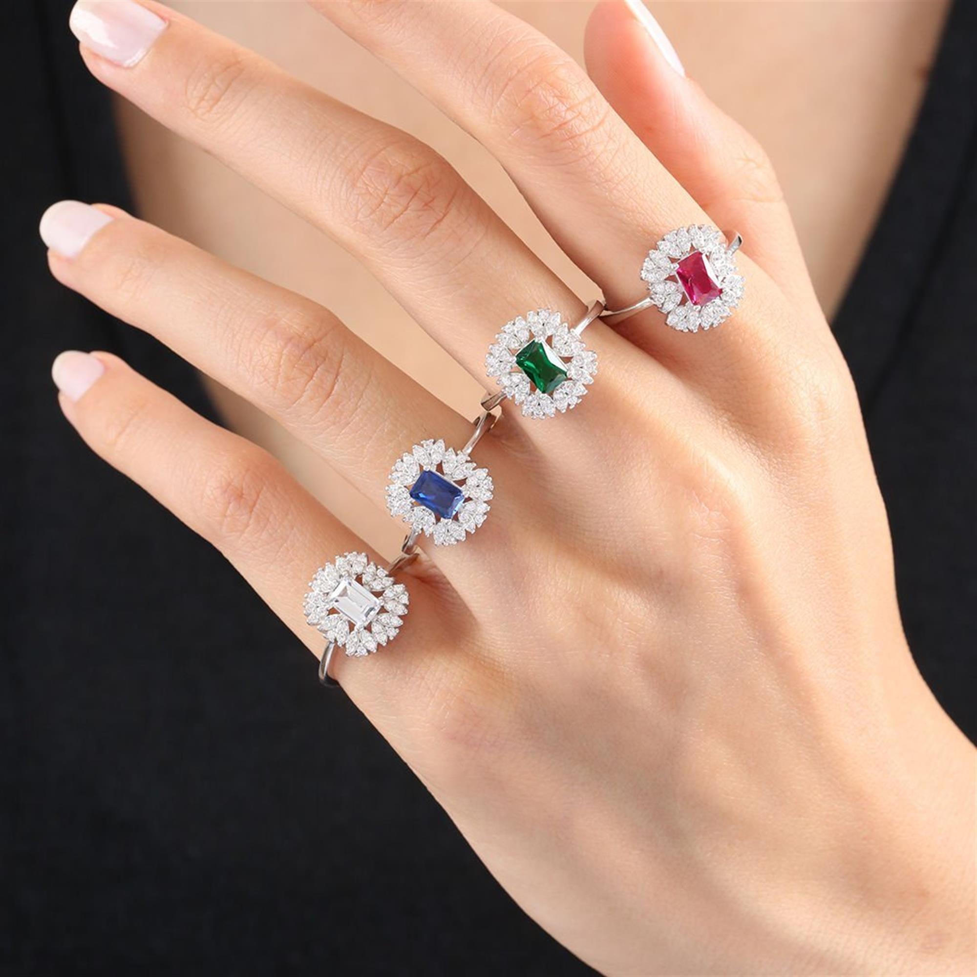 Diamond Setting Emerald Cut Silver Ring