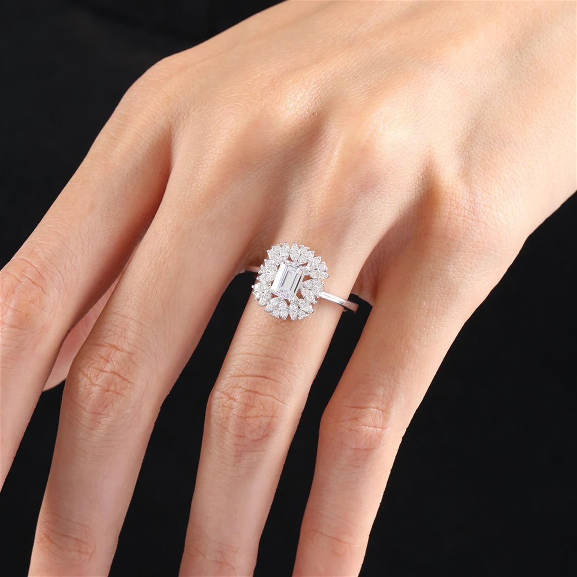 Diamond Setting Emerald Cut Silver Ring