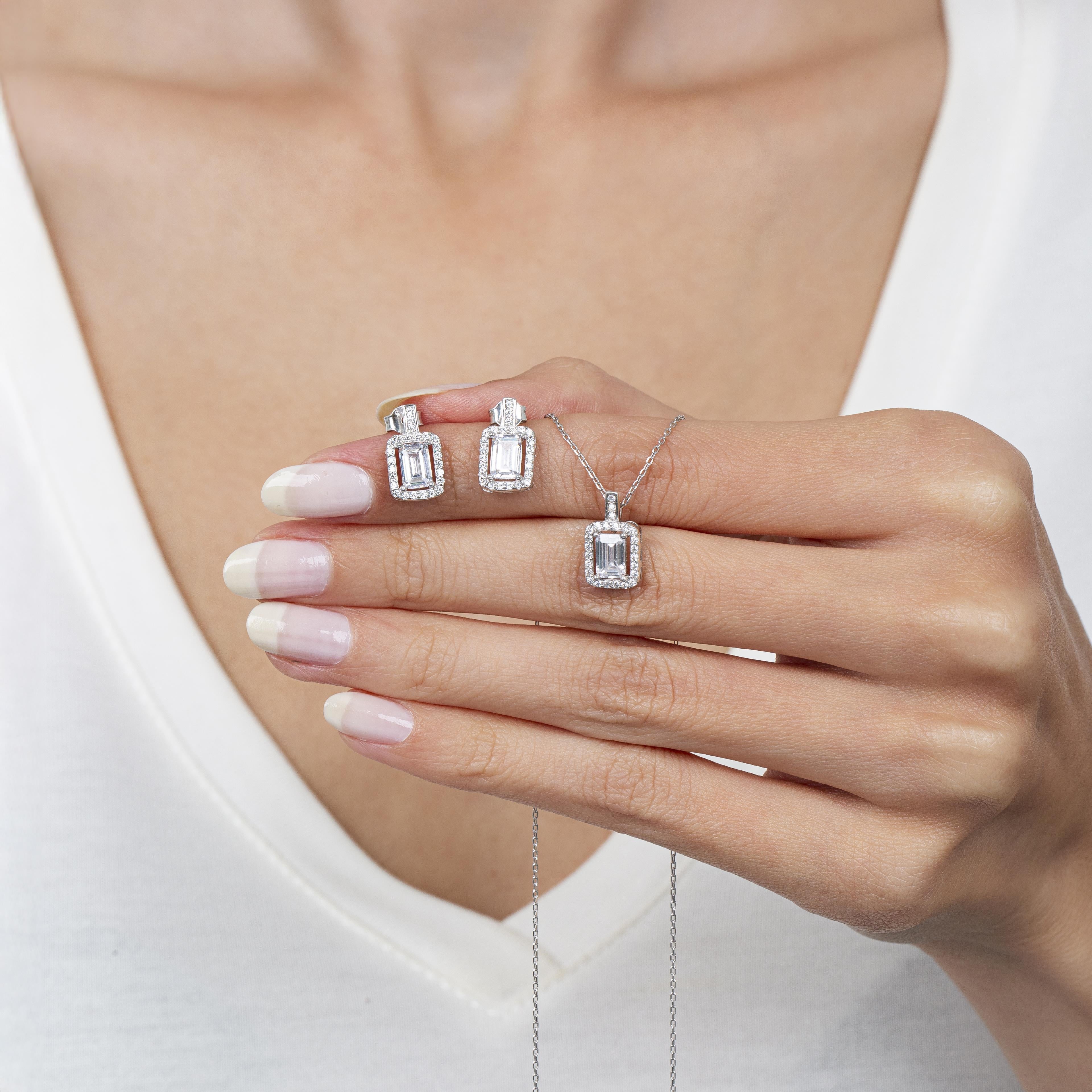 Diamond Setting Baguette Silver Duo Set