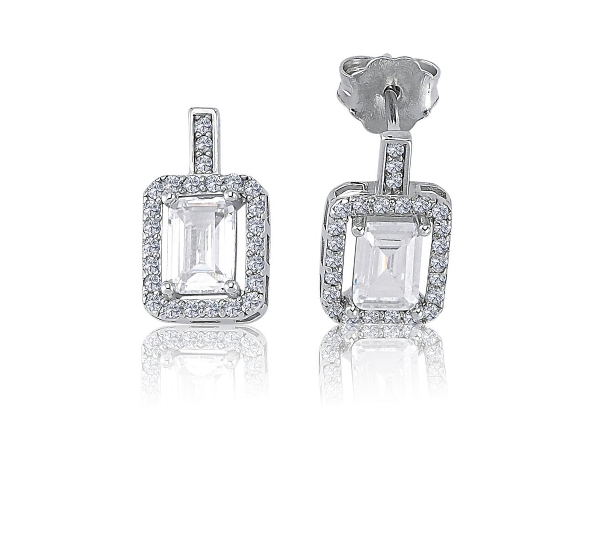 Diamond Settings Emerald Cut Silver Earrings