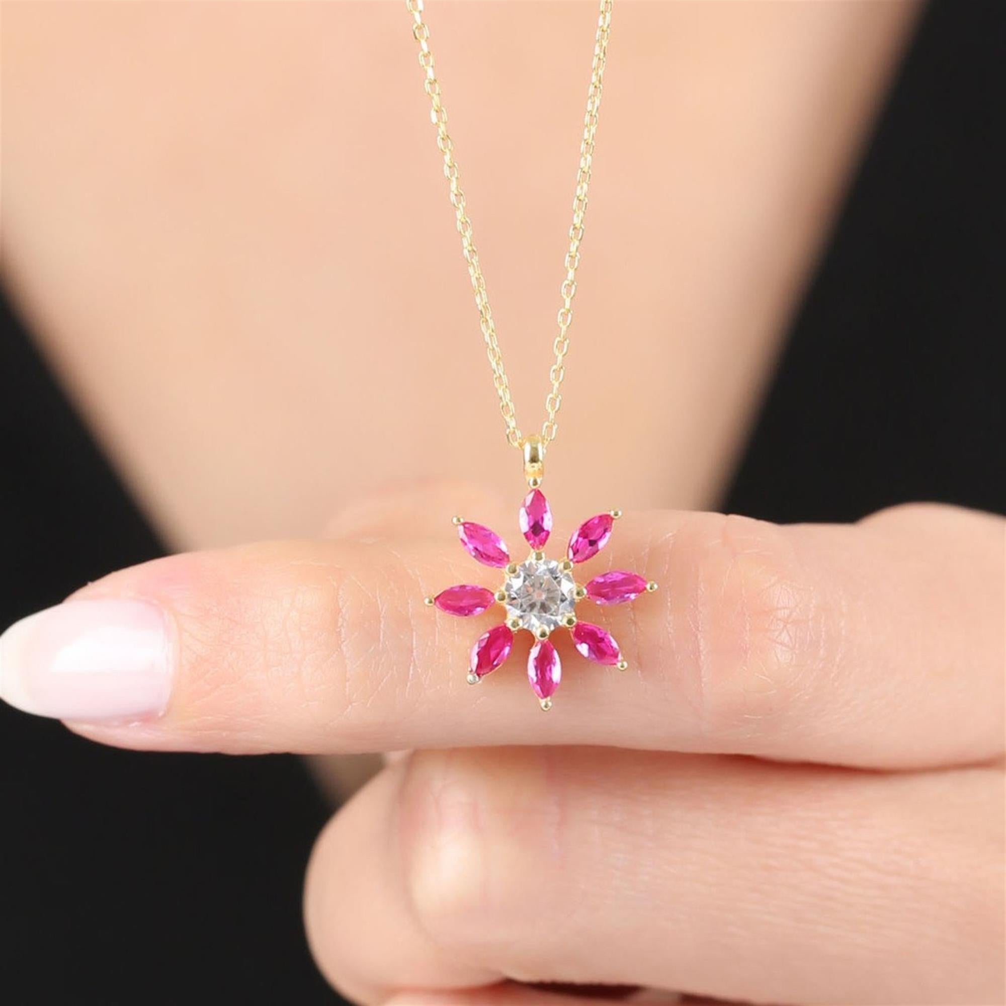 Diamond Fuchsia Daisy Gold Plated Pendant Necklace