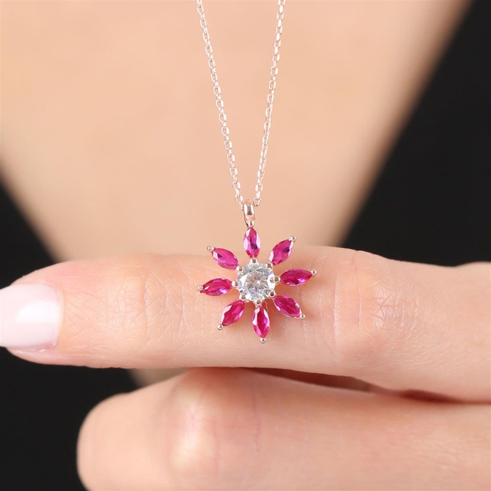 Diamond Fuchsia Daisy Rose Gold Pendant Necklace