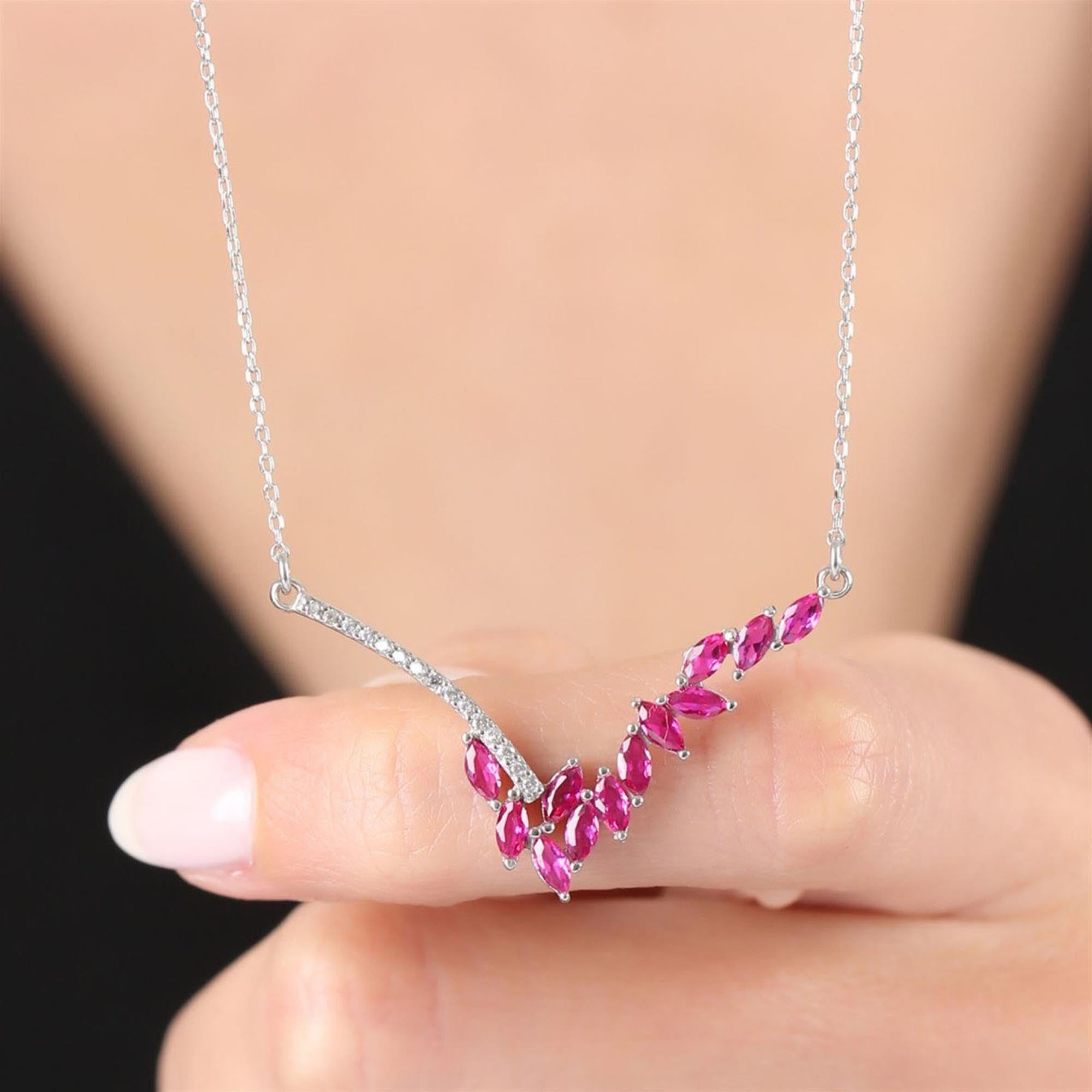 Diamond Fuchsia Marquise V Silver Necklace